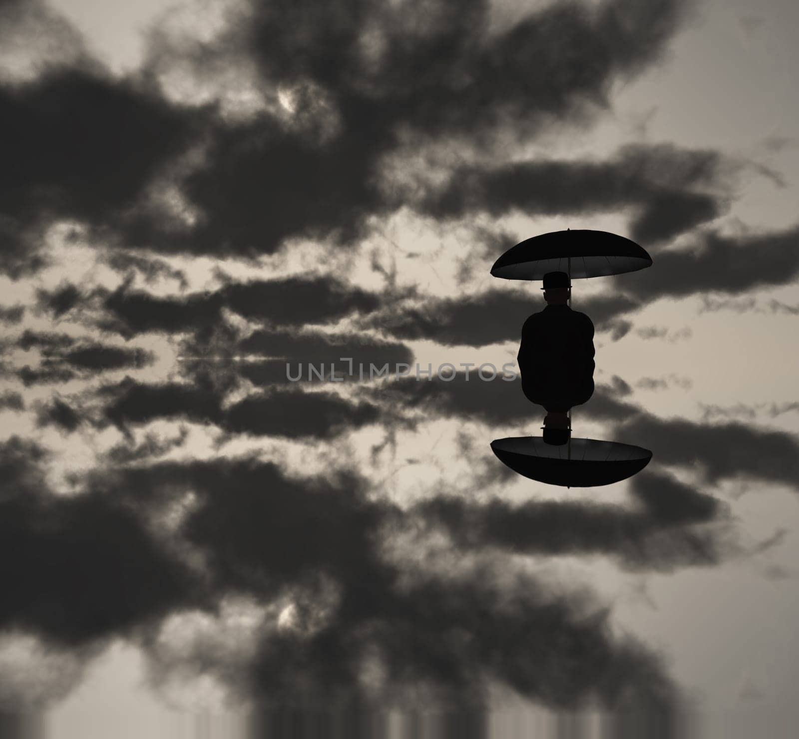 Man with umbrella in clouds. Black and white picture.