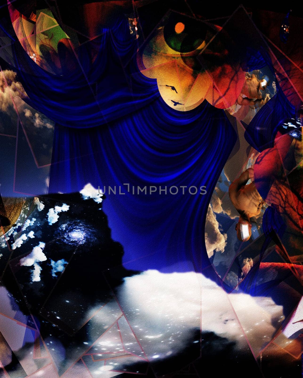 Surreal abstract layers. Human eye, man with opened door instead of face and blue curtains.
