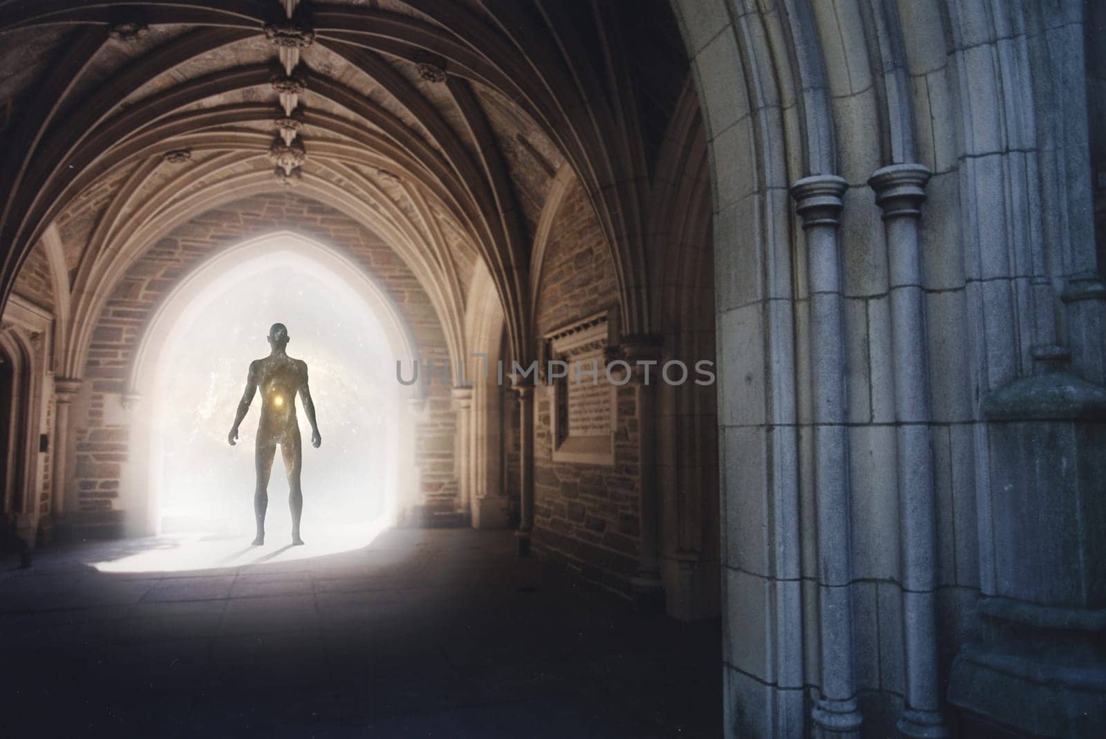 Human silhouette with universe inside stands in gothic archway with light illuminating the path.