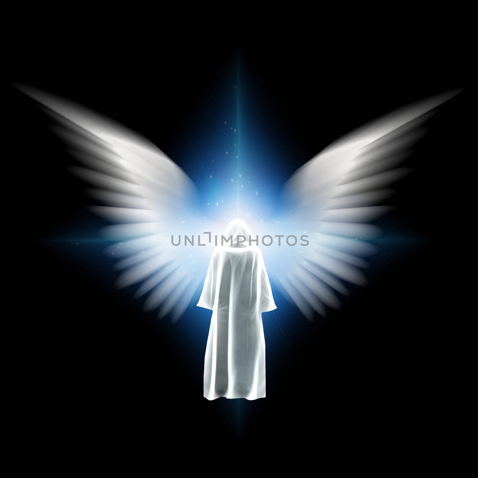 Surreal digital art. Figure in white cloak stands before bright light with angel wings.