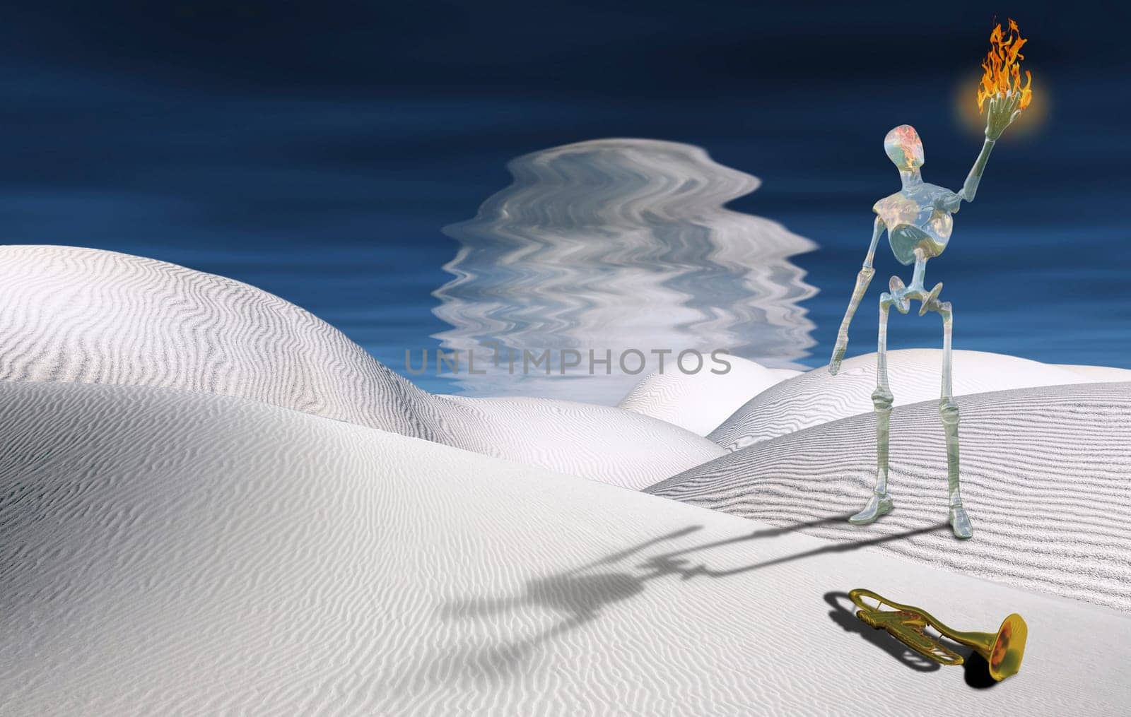 New Prometheus. Gleaming robot with flame in his hand stands in surreal desert. Planet reflected in water.