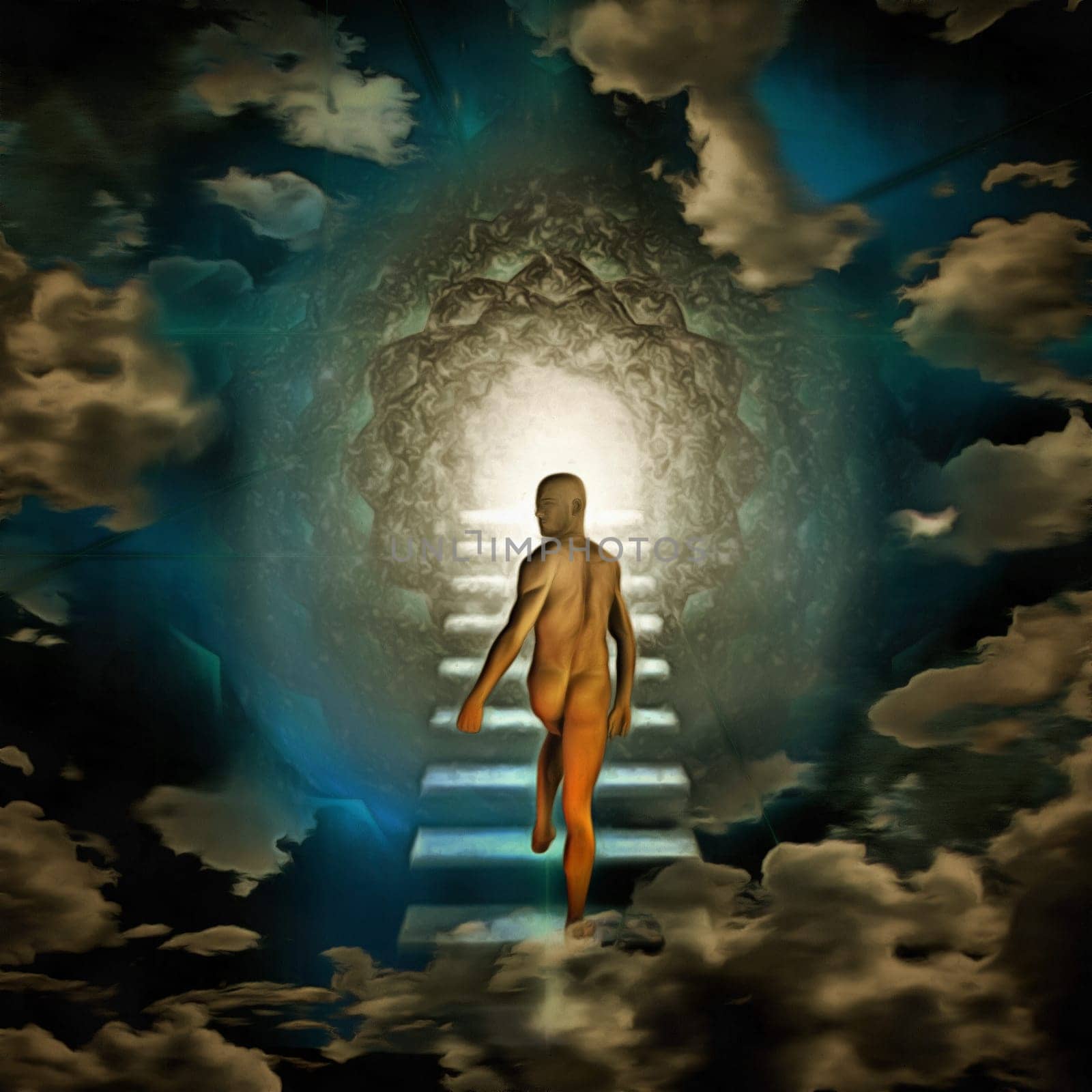 Surreal painting. Naked man walks to the light. Rebirth