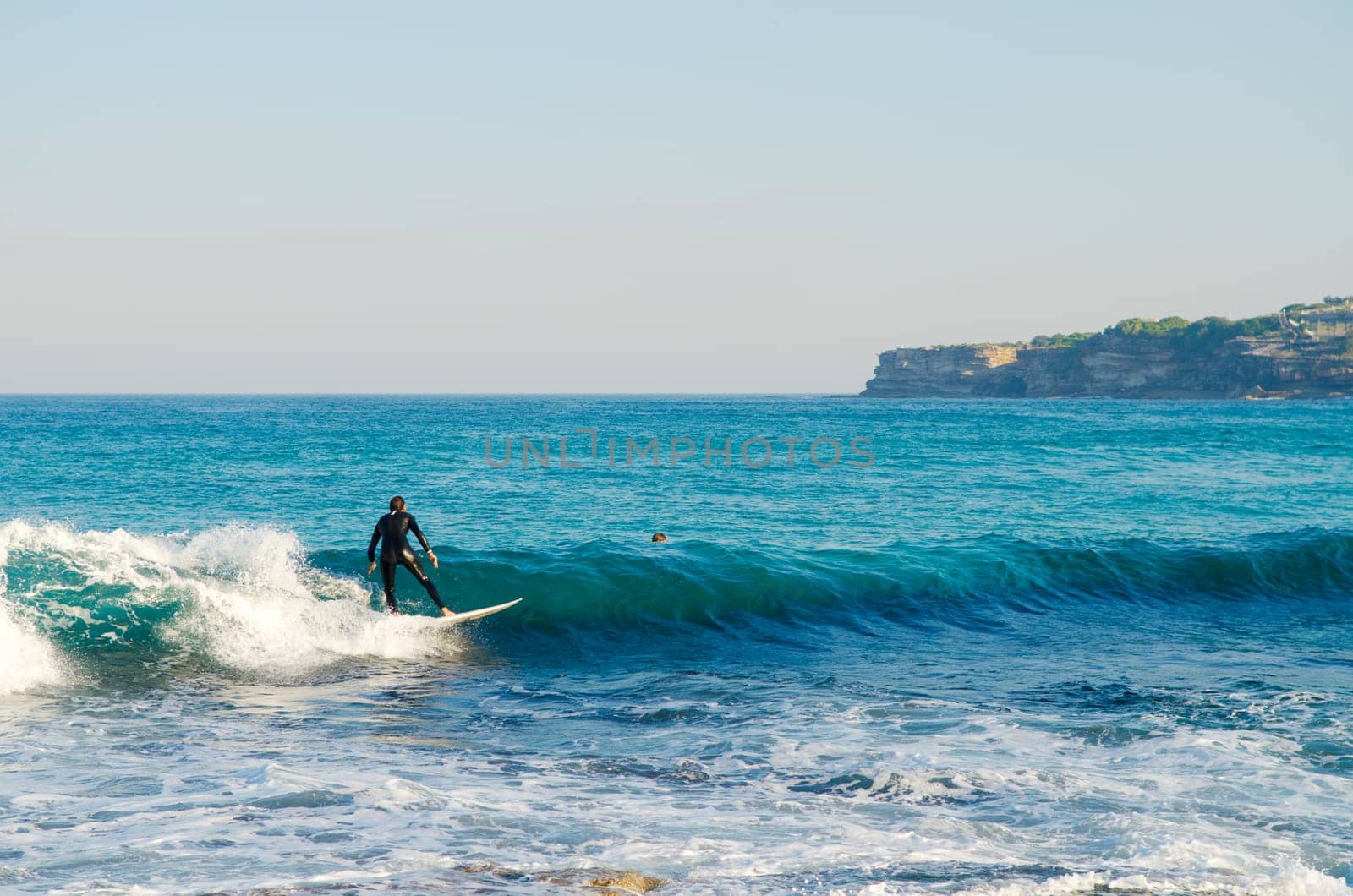 Surfers catching the waves in the waters of Bondi Beach in Sydney Australia.