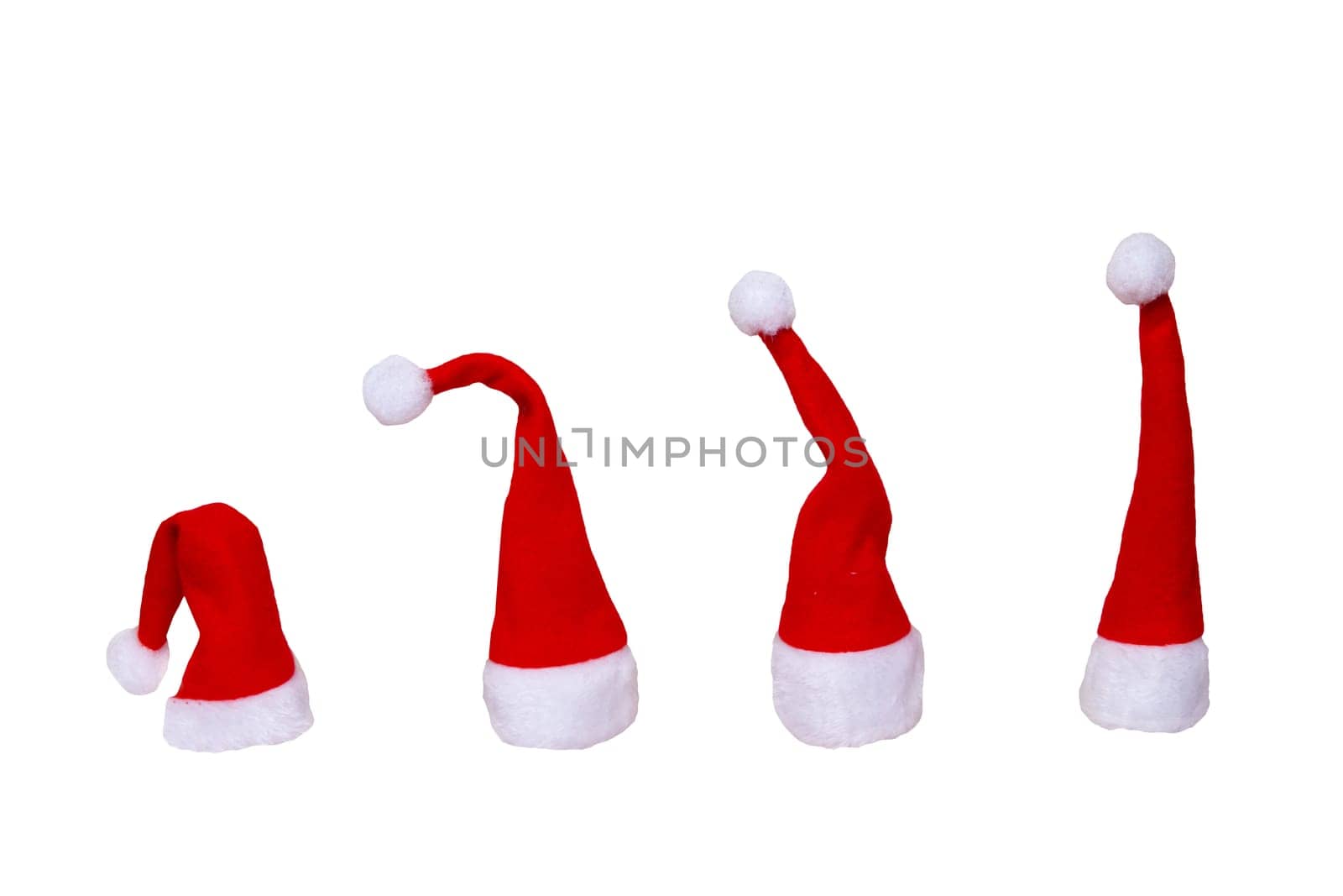 Set of Santa Claus hats isolated on a white background. Christmas decorations background.