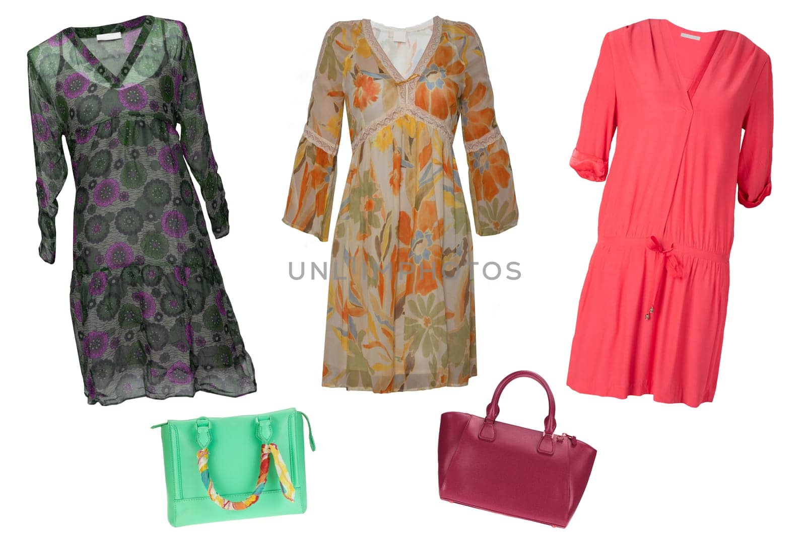 Collage woman clothes. Set of stylish and trendy women dresses and accessories isolated on a white background. Latest fashion trends.