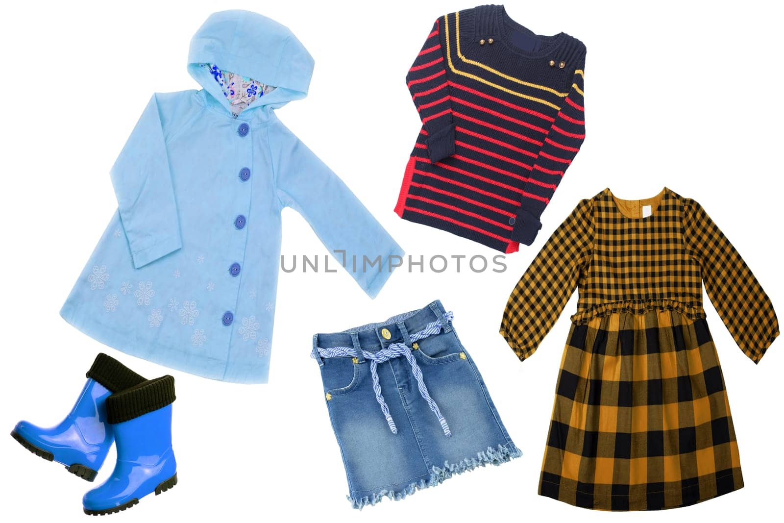 Collage set of children clothes. Concept spring autumn and summer clothes. Isolated on white. Close up.