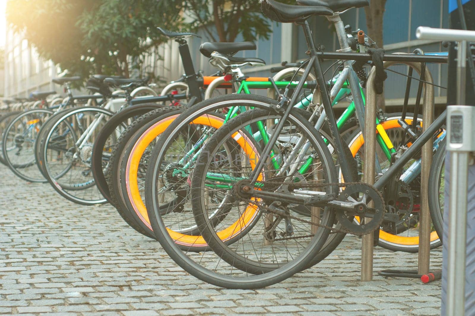Parking for Bicycles in University with steel bars to lock bikes to.