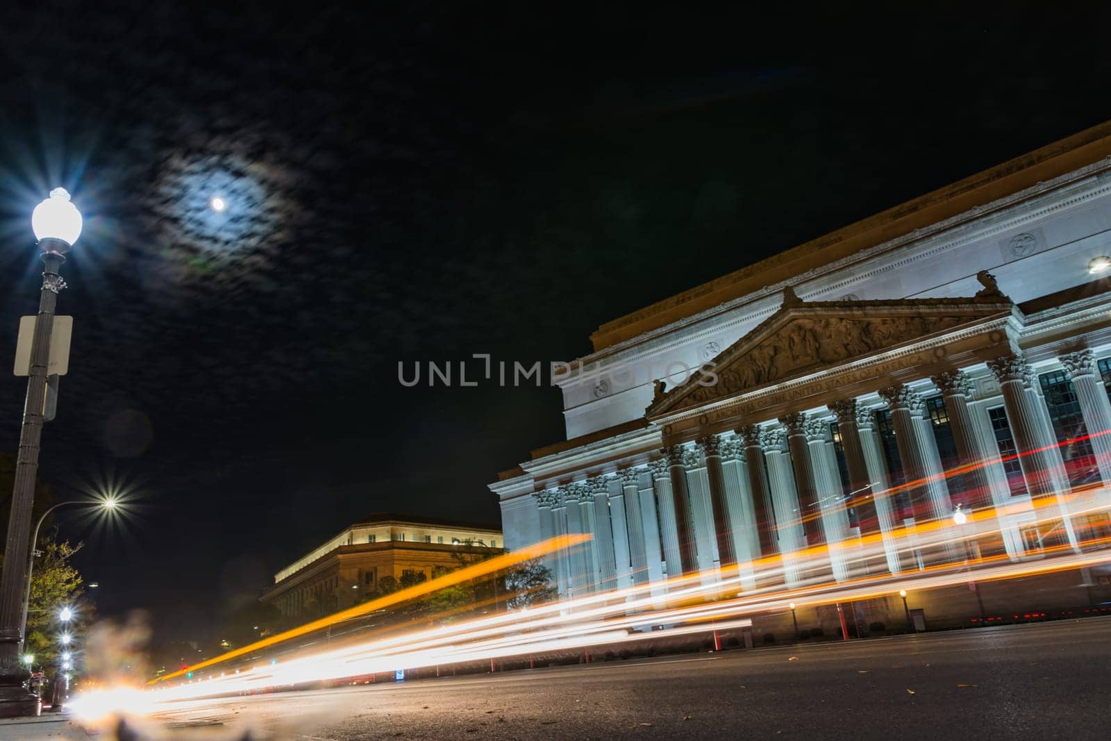 Archives of the United States of America Night Light Streaks Moon Dark Sky