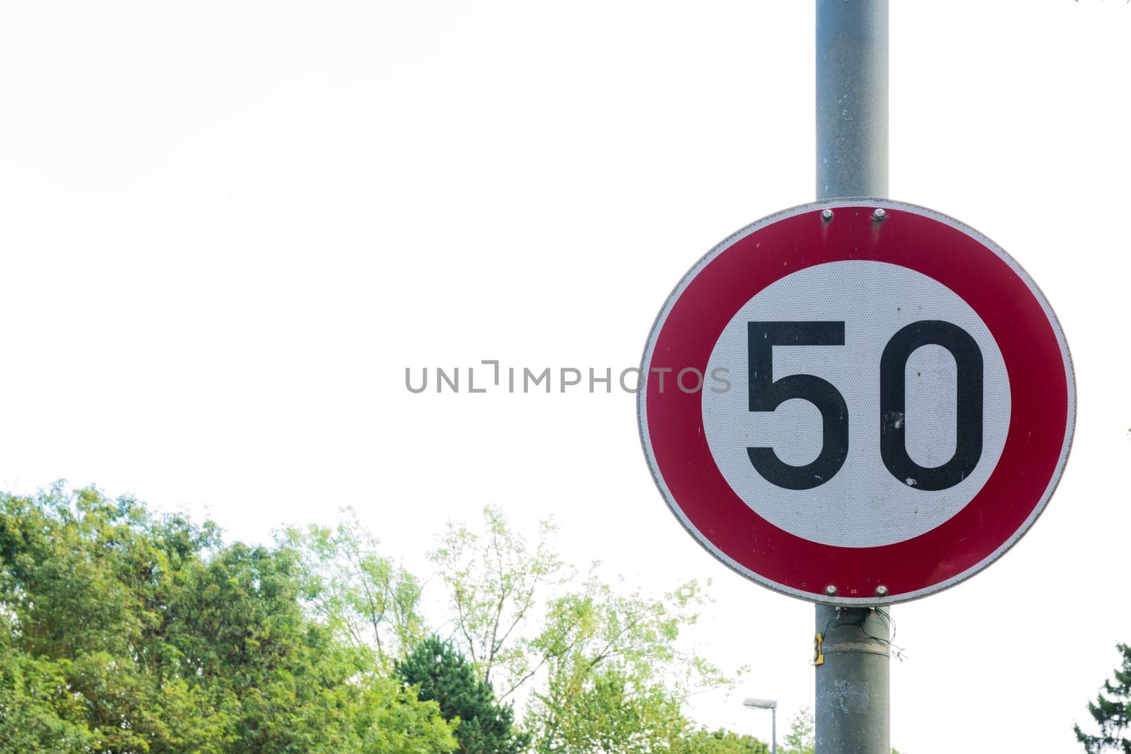 50 Limit Traffic Sign European Red Circle Pole Isolated White Background