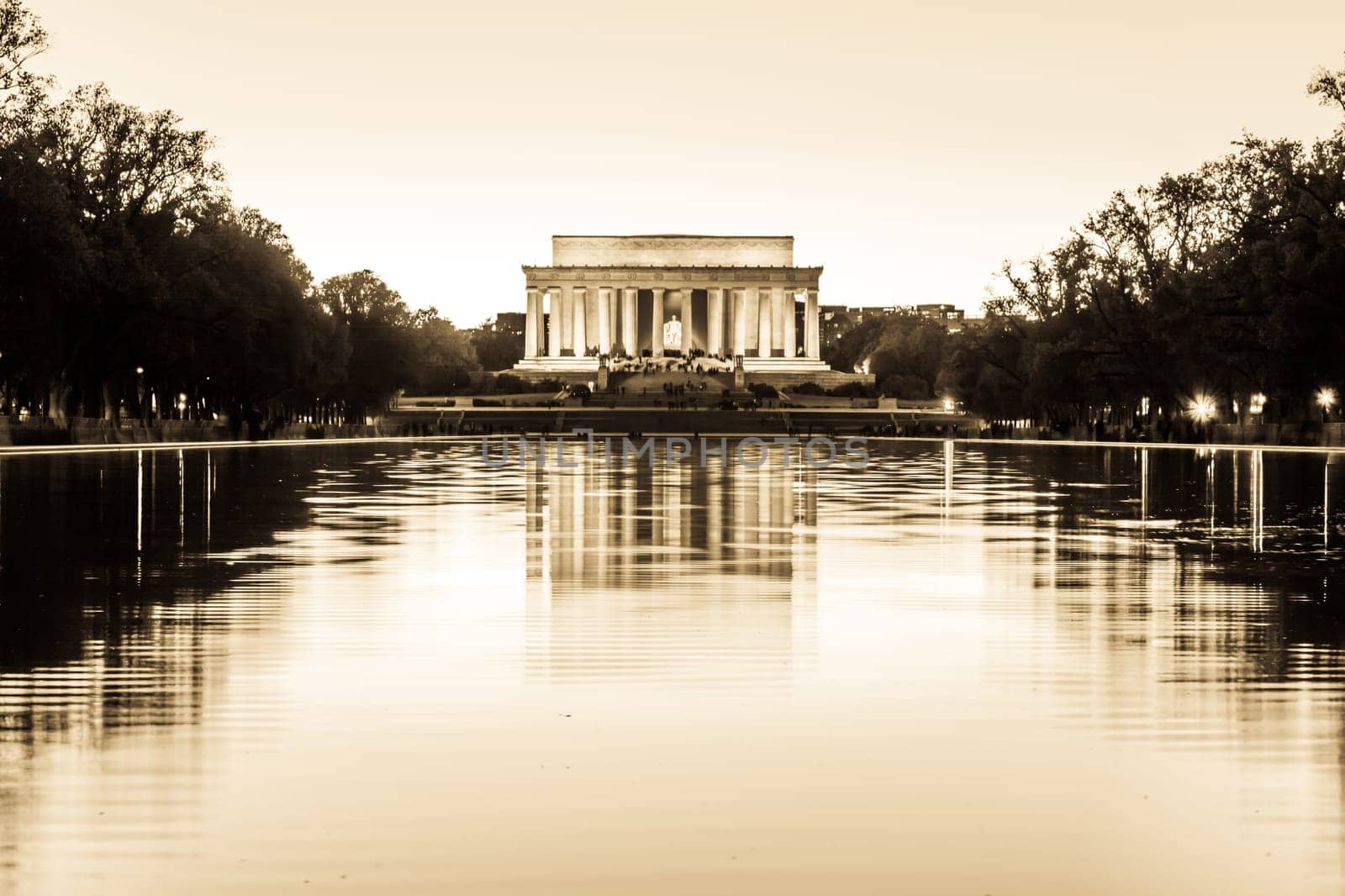 Abraham Lincoln Memorial National Mall Night Sunset Black and White Beige Vintage