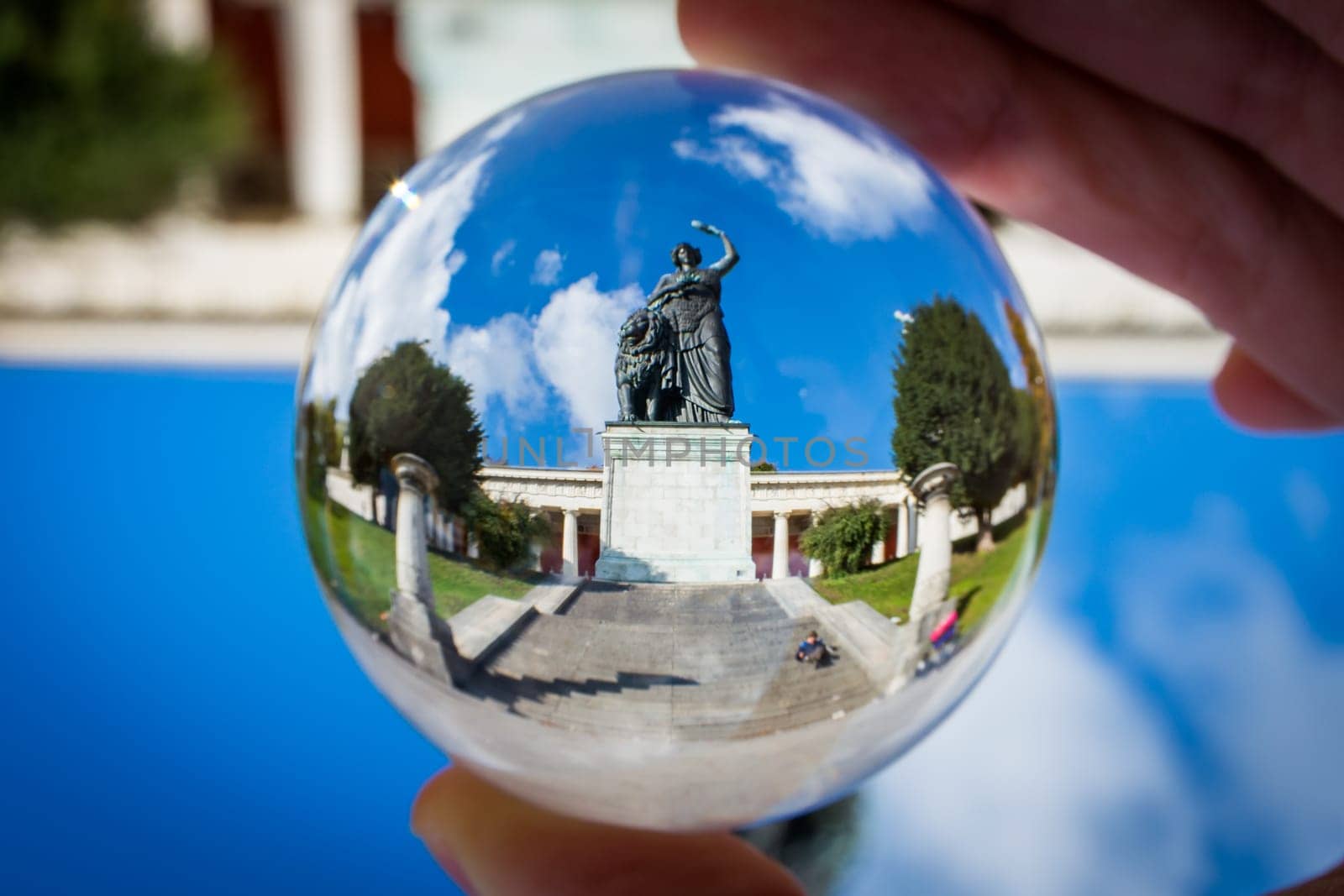 Bavaria Statue Woman Iconic Ruhmeshalle Outdoors Landmark Daytime Old Blue Sky Clouds Travel Tourist Munich Germany Europe Glass Sphere