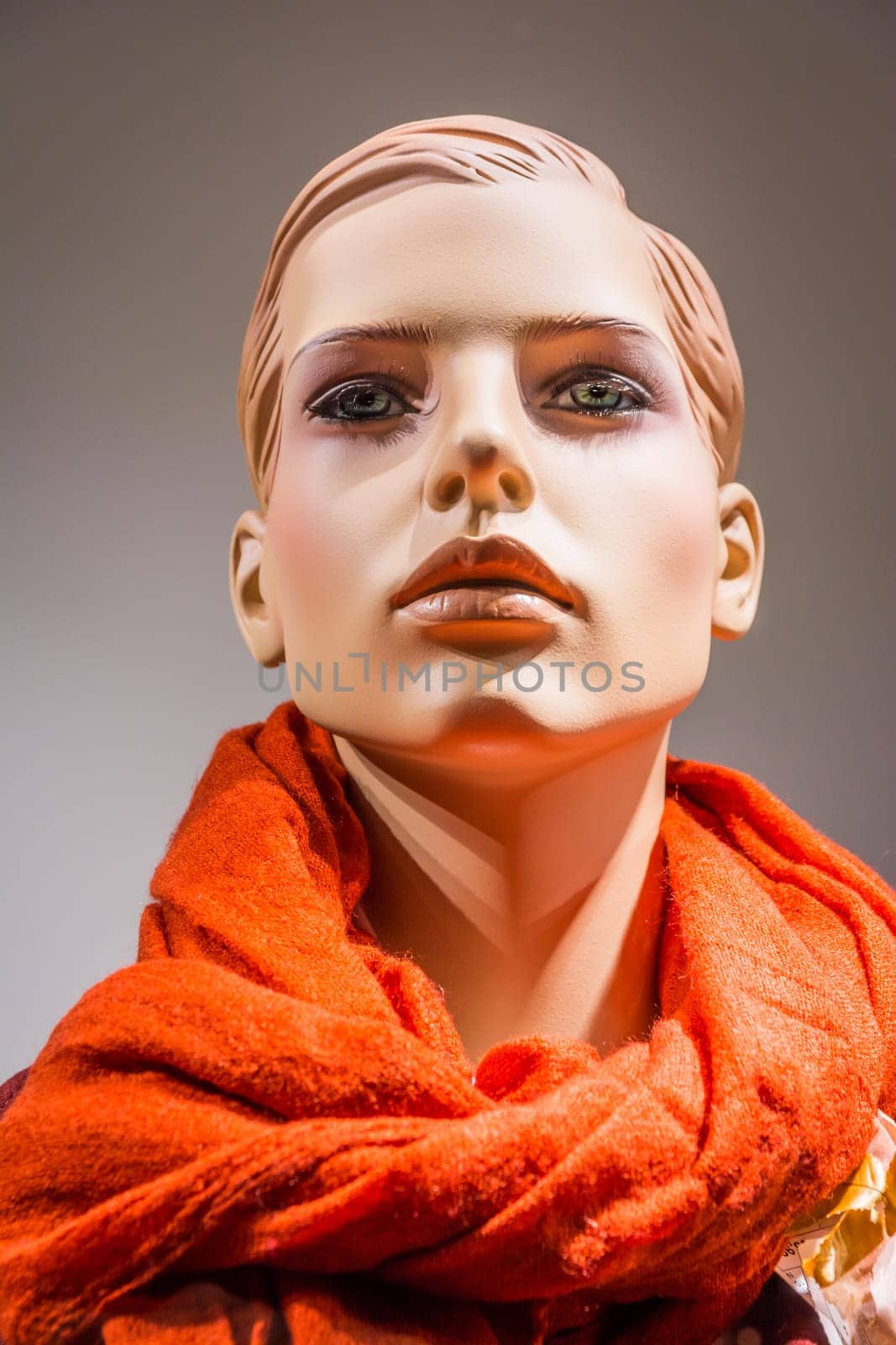 Female Mannequin Doll Puppet Display Window Fashion Clothes Scarf Red Closeup Portrait Shop Store Shopping