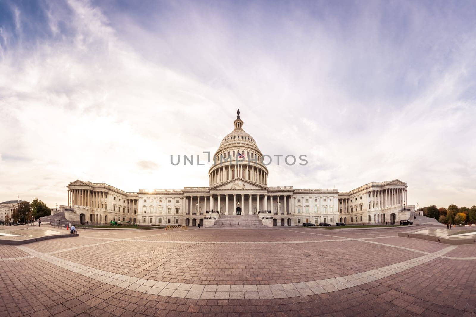 Panorama US Capitol Building Eastern Facade Entrance American Architecture Sunset