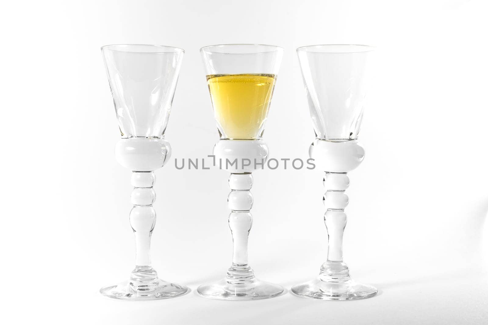 Single Shot Glass Wine Style Isolated White Background Triple Three Together Full Empty Contrast Elegant Fancy Round Stem