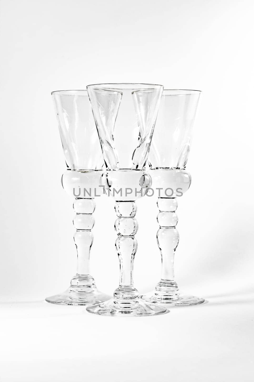 Single Shot Glass Wine Style Isolated White Background Triple Three Together Full Empty Contrast Elegant Fancy Round Stem