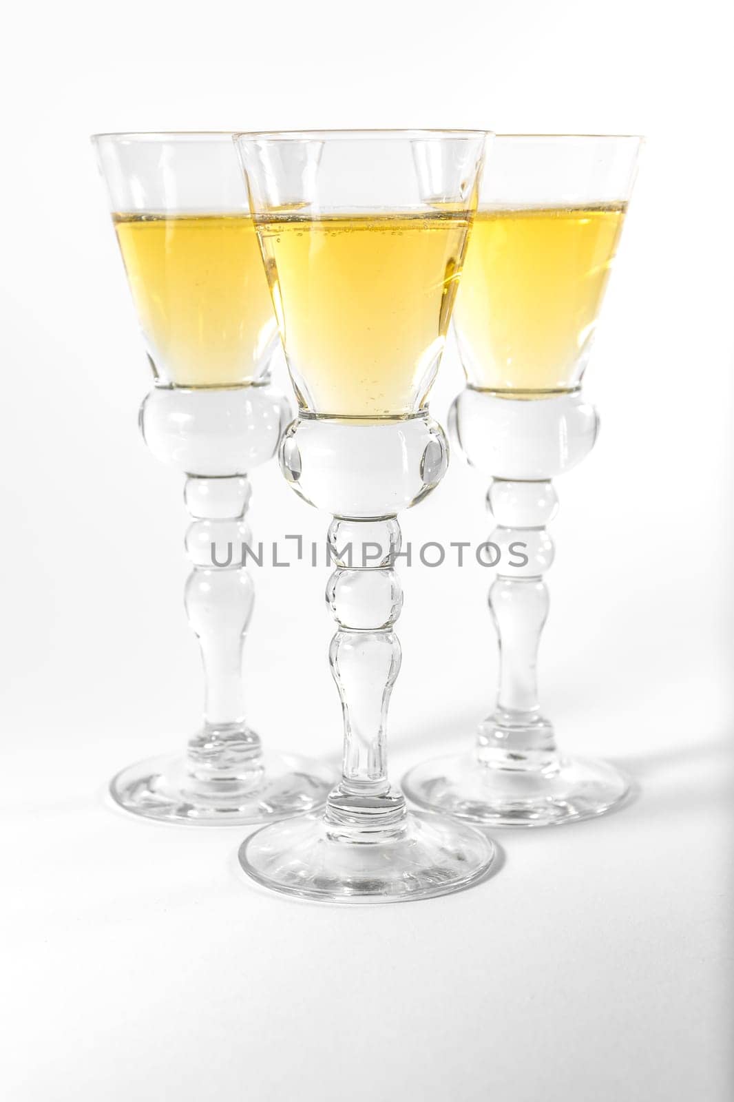 Single Shot Glass Wine Style Isolated White Background Triple Three Together Full Empty Contrast Elegant Fancy Round Stem