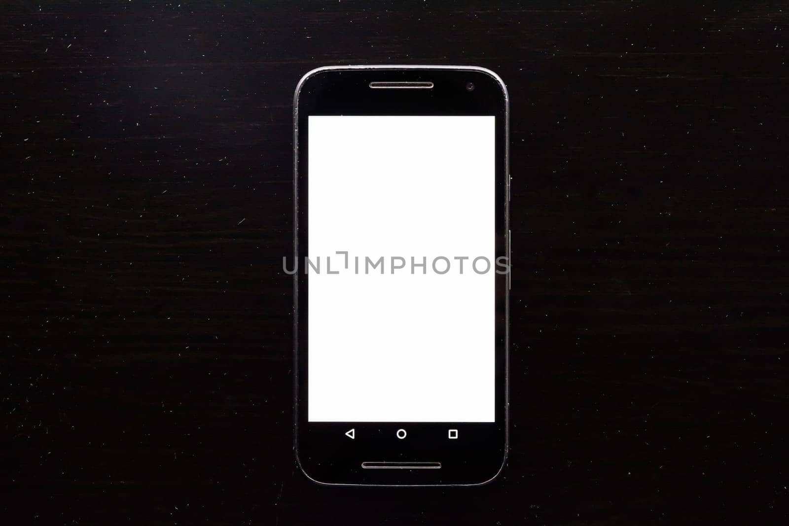 Blank White Screen Frame Cell Phone Android Black Wood Desk