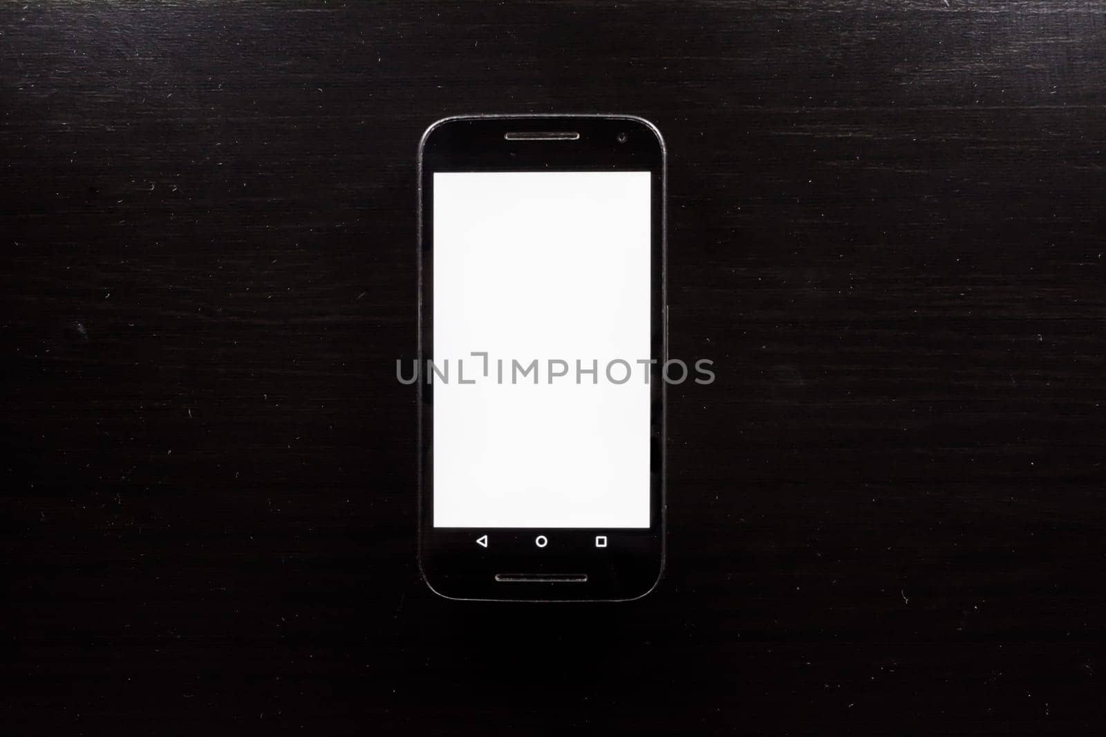 Blank White Screen Frame Cell Phone Android Black Wood Desk