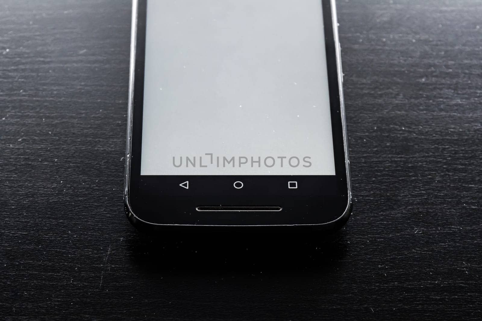 Blank White Screen Frame Cell Phone Android Black Wood Desk