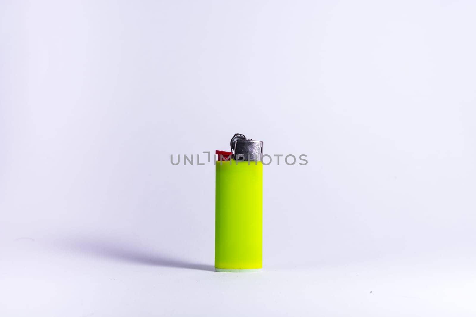Bright Lime Green Plastic Lighter Fire Isolated White Background Object