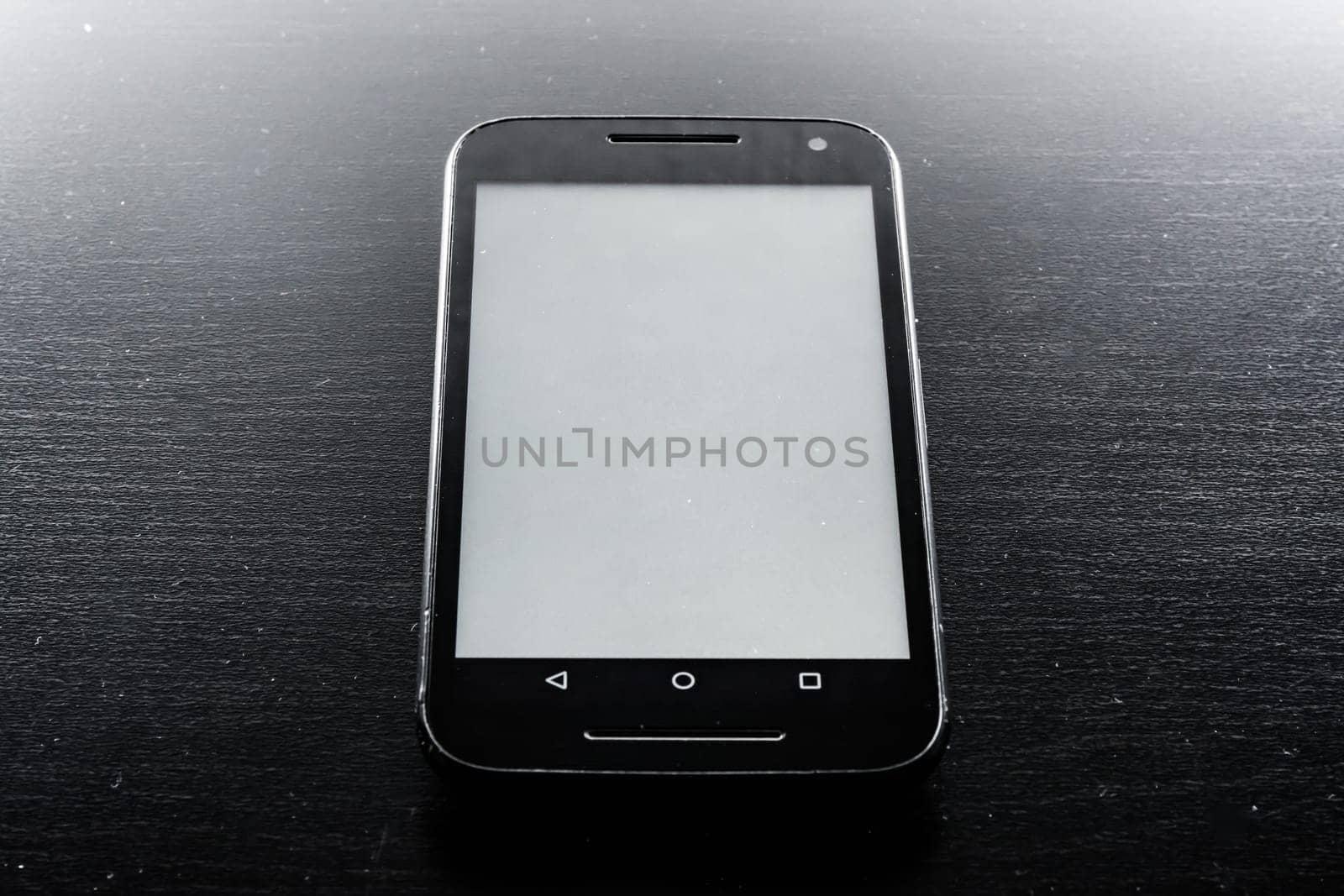 Blank White Screen Frame Cell Phone Android Black Wood Desk