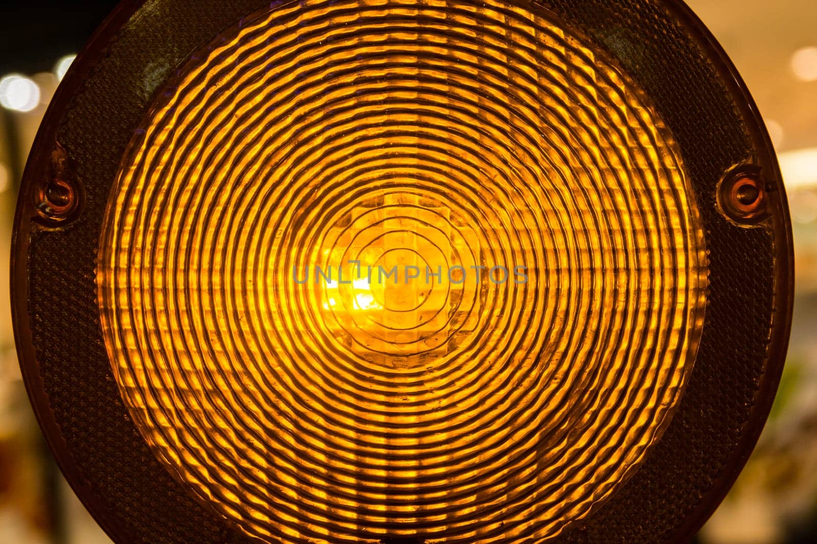 Circular Warning Light Construction Site Yellow Stop Illuminated Glowing Night Dark Traffic Attention Detail Closeup Abstract Pattern