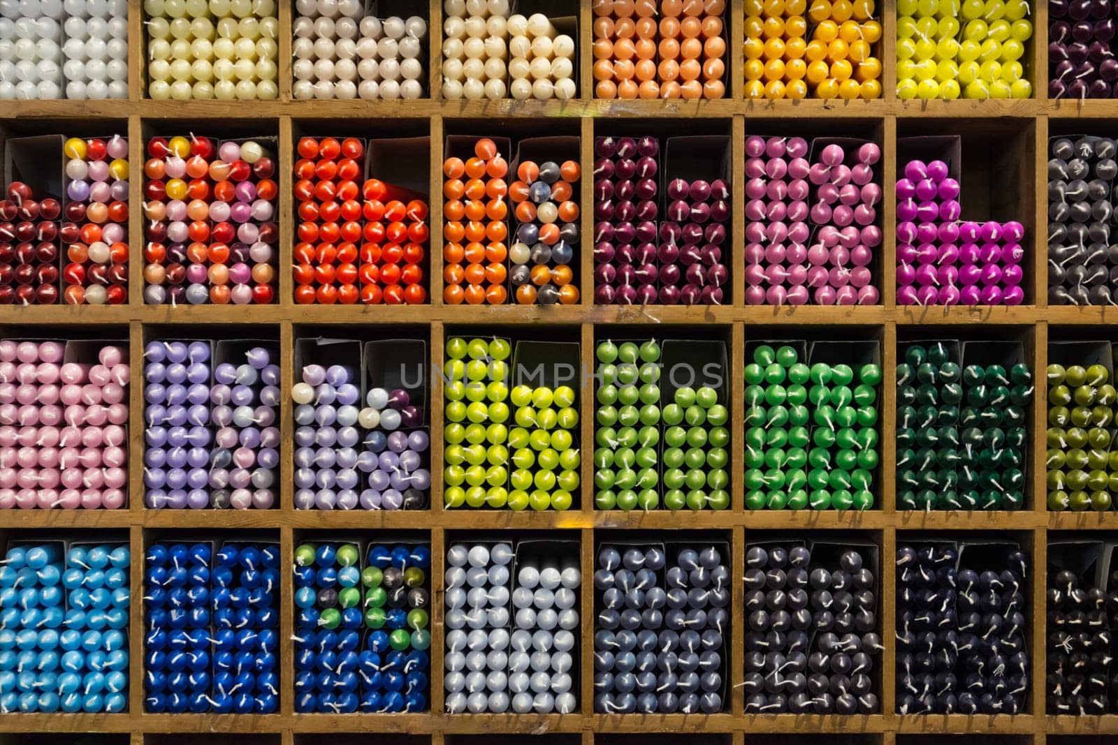 Colorful Wax Candles Collection Inventory Wooden Shelf Shopping Background Unused New Rainbow