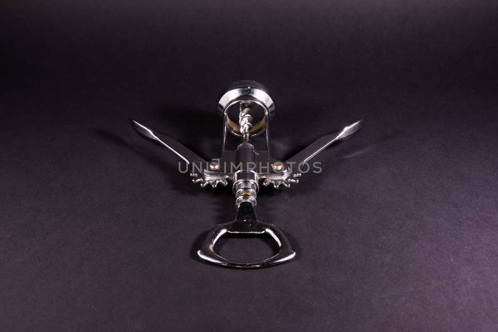 Corkscrew Metal Bottle Opener Still Life Black Background Object
