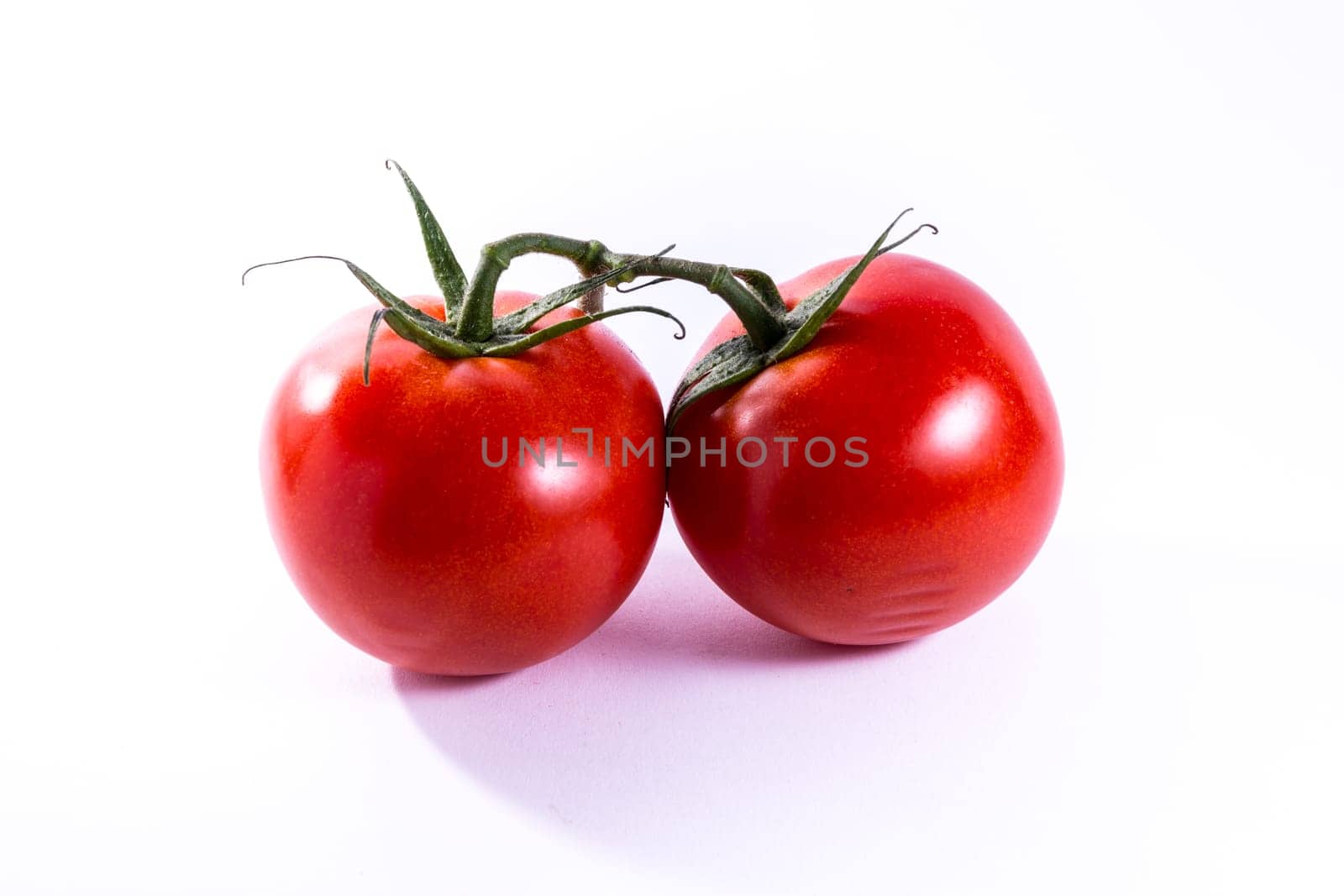 Couple Two Tomatoes Connected Stems Fresh Vegetables Cooking Ingredient Isolated White Background