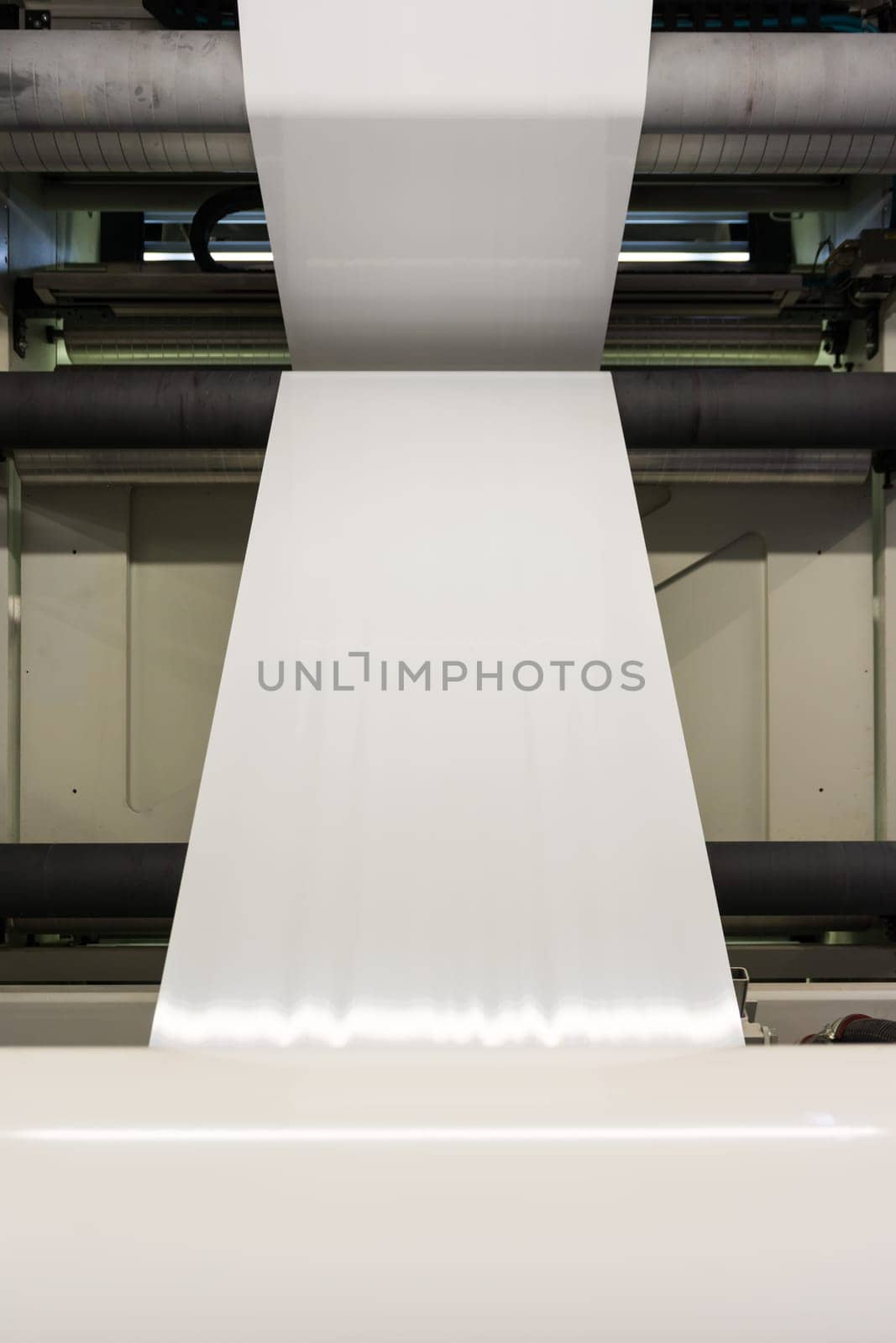Plastic White Blank Print Feed Flexo Industry Printing Roll Processing Surface Operational Detail Closeup Factory Cylinder