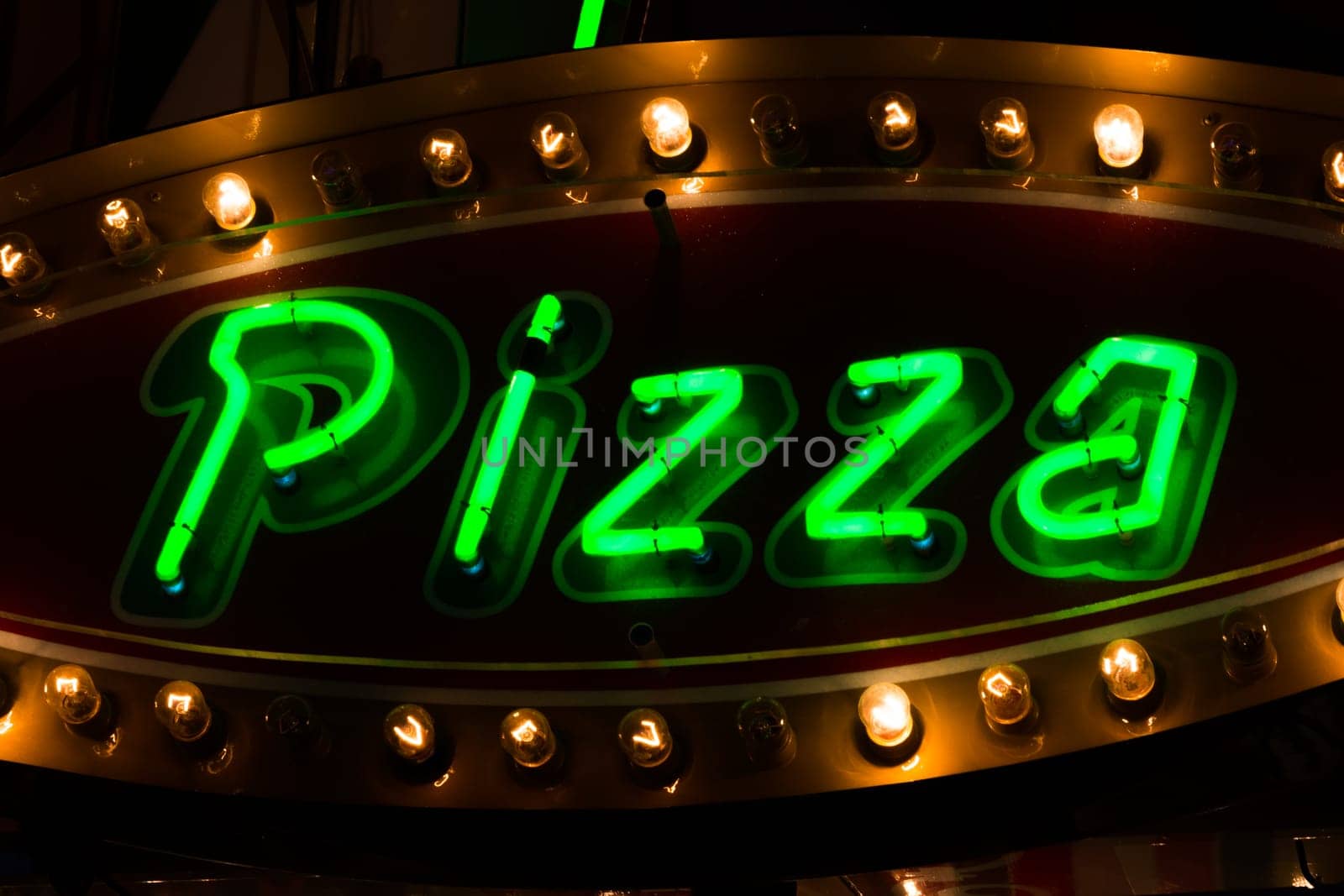 Pizza Neon Sign Green Glow Light Bulb Warm Contrast Food