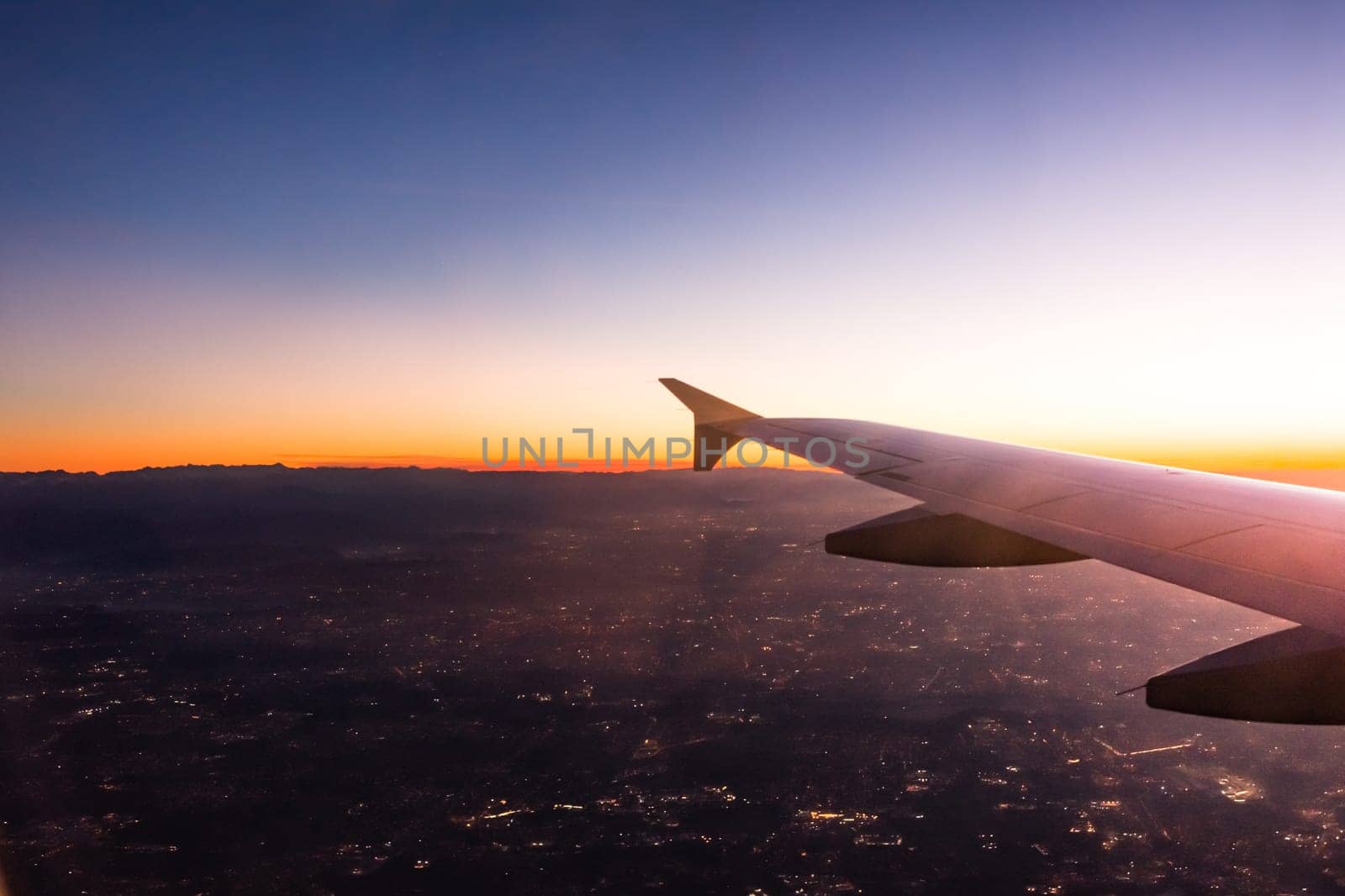 Plane Flying Travel Sunset City Lights Sunrise Sky Ground Mountains