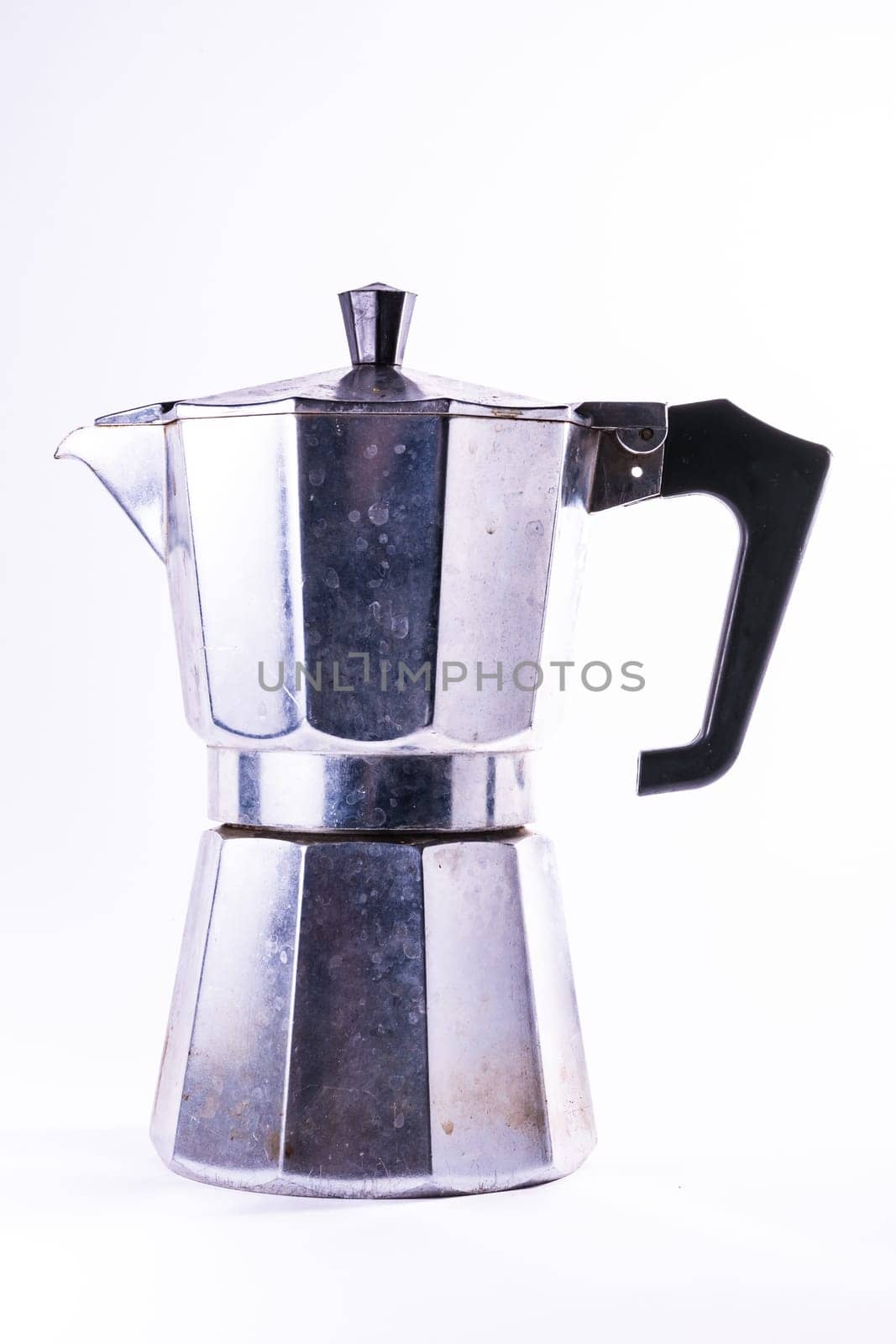 European Metal Coffee Maker Dirty Household Object Boiler Water Pot Kettle Small Single Appliance Chrome White Isolated Background