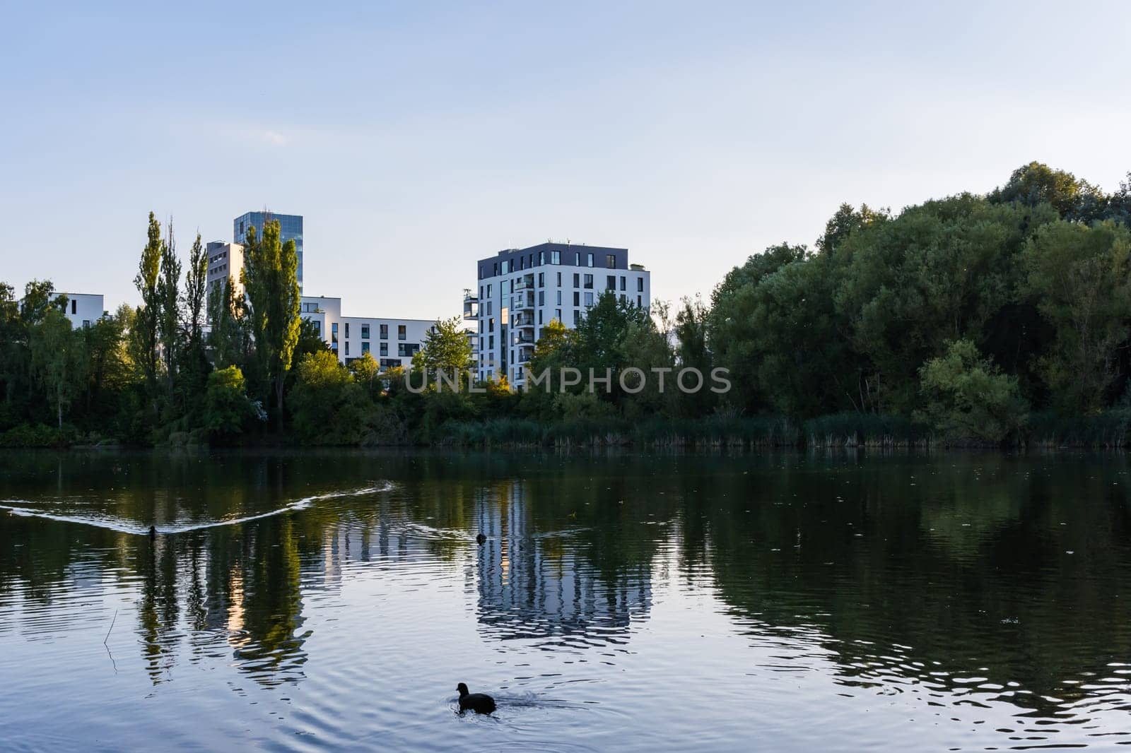Modern European Architecture Small Pond Park Sunset