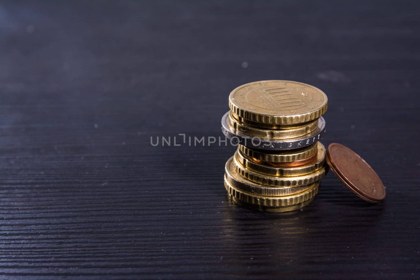 European Coins Euros Stack Metal Colors Currency Desk Black