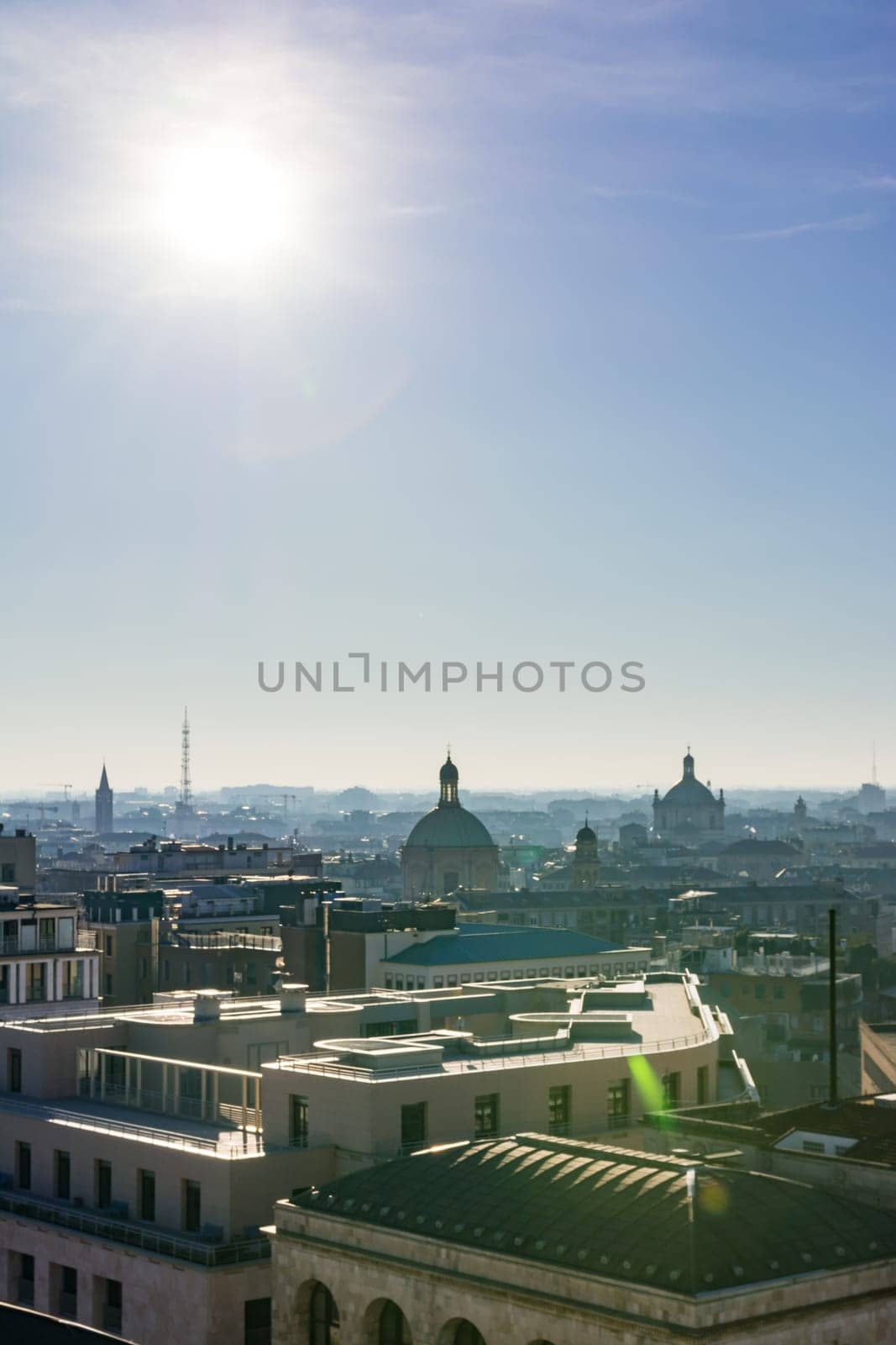 Milanese Milan Italy Landscape Buildings Residential City Center View from Duomo Cathedral Sun Blue Skies Winter