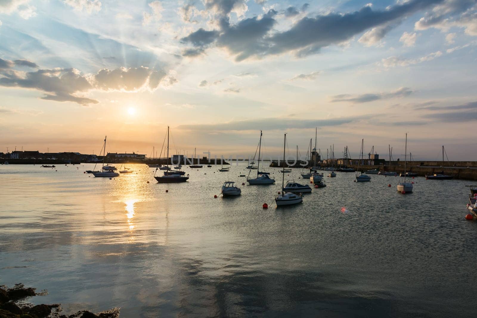 Floating Boats Sunset Anchored Harbor Howth Ireland Landscape