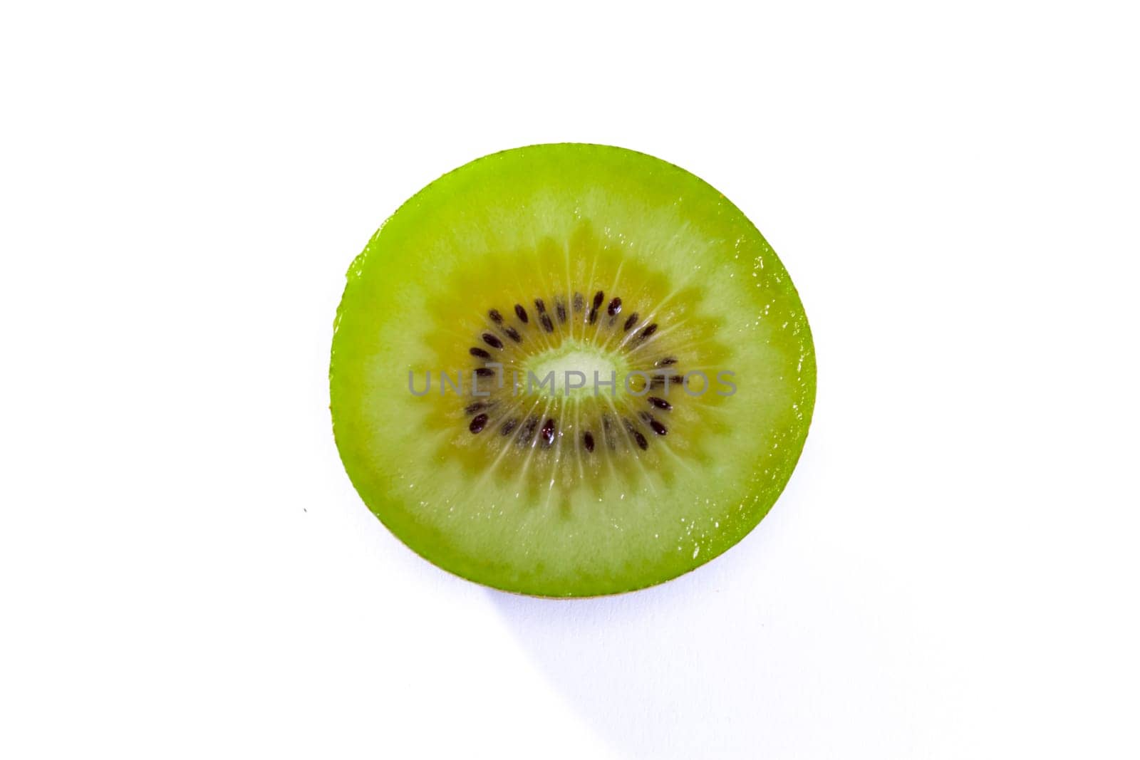 Fresh Kiwi Slice Half Cut Fruit Green Seeds Radial Texture Detail Isolated White Background Round Circle