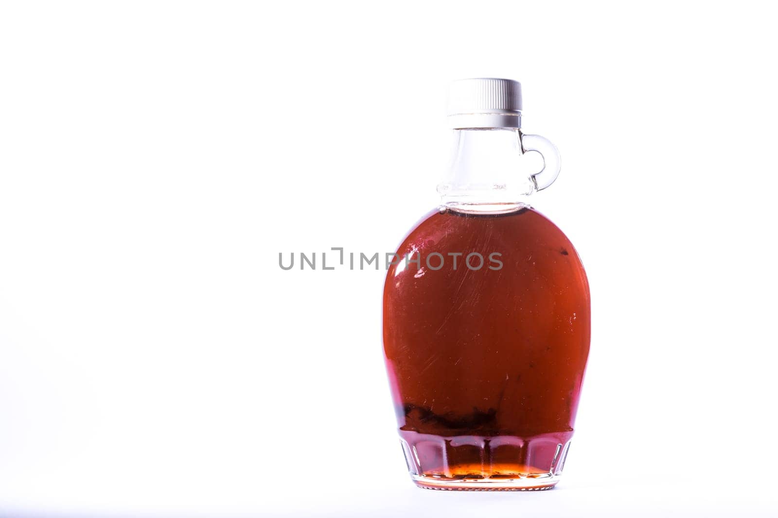 Glass Jar Jug Clear Brown Maple Syrup Container White Isolated Background Ingredient Food Sweet Dessert