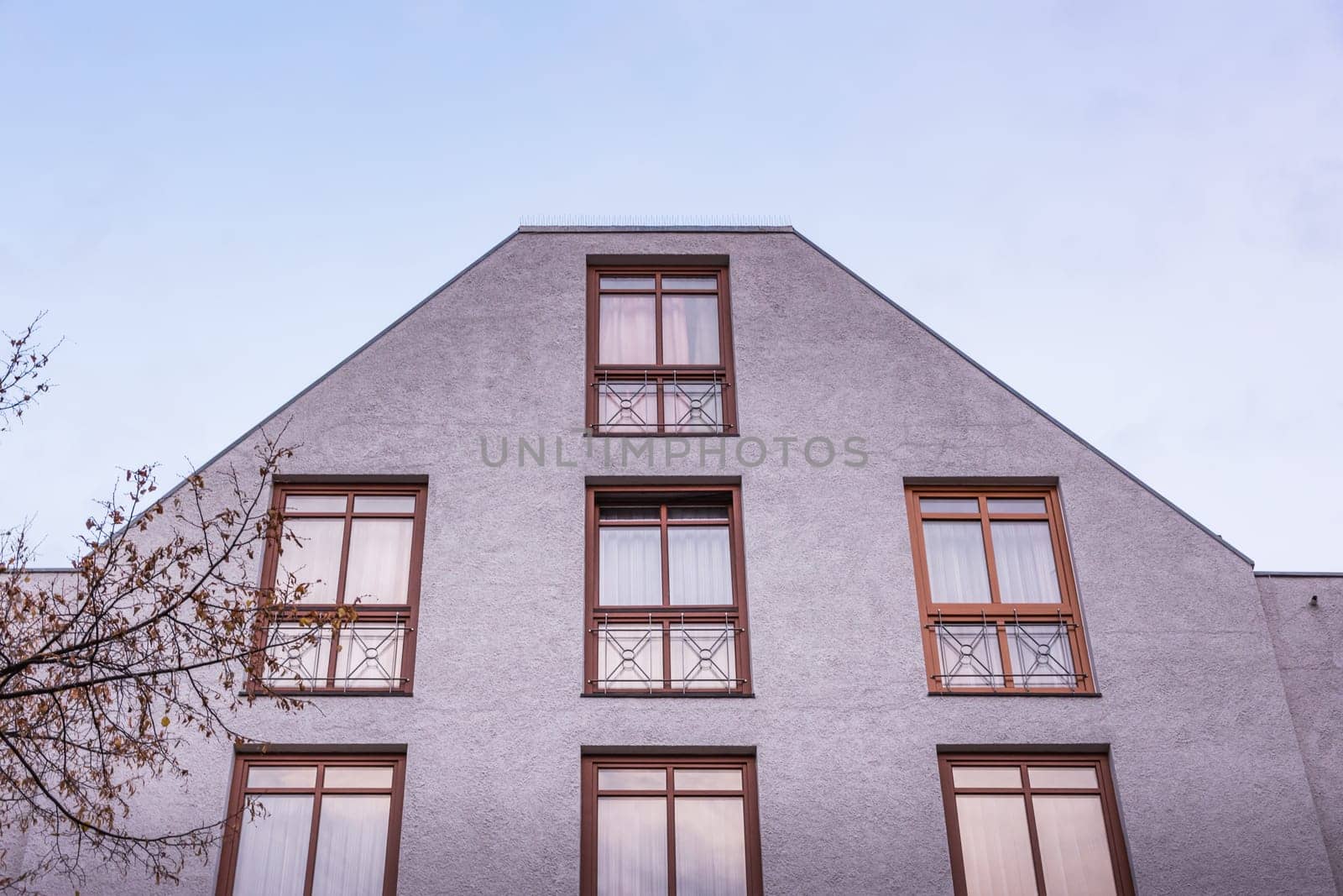 German Apartment Builindg Facade Exterior Balcony Iron Rails Modern Sky