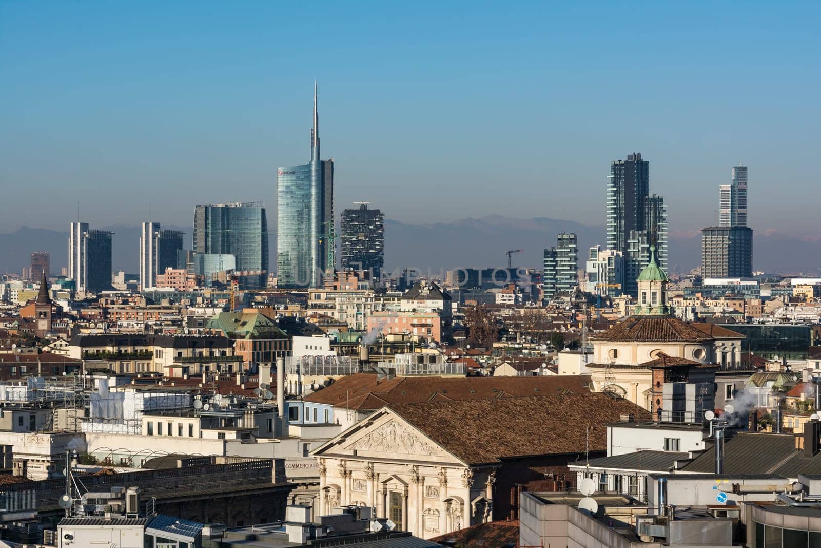 Milan Business District Landscape View Mountain Alps WInter 2016 Blue Skies Clear Weather Sunset