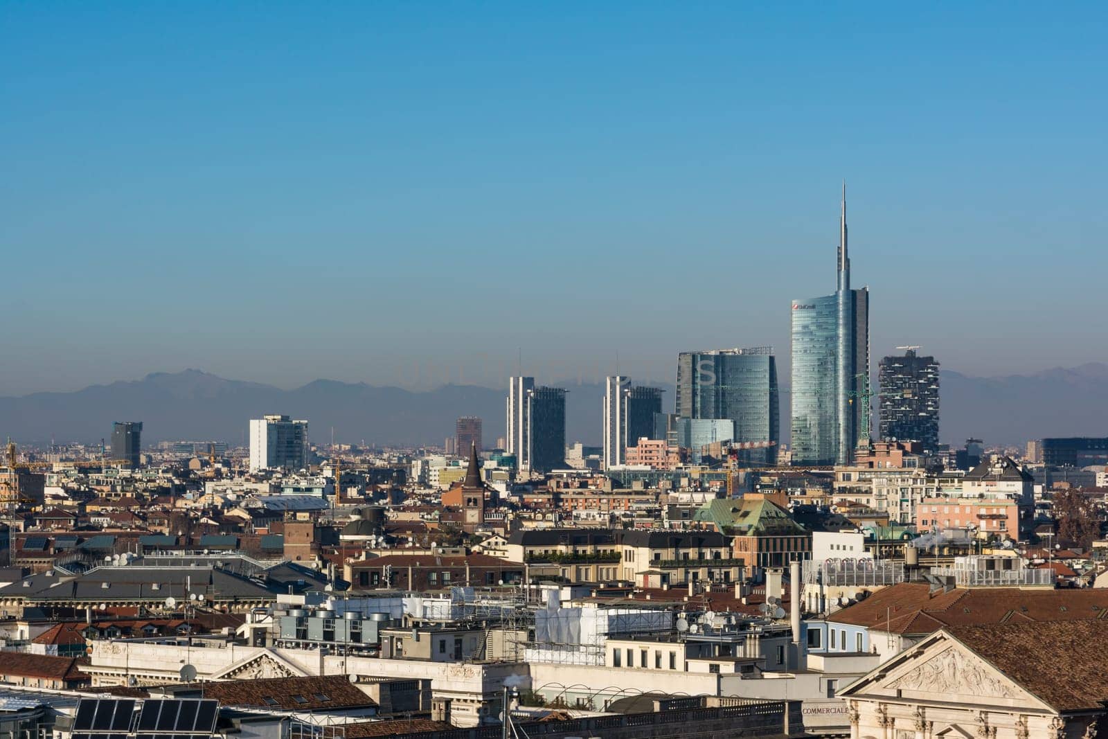 Milan Business District Landscape View Mountain Alps WInter 2016 Blue Skies Clear Weather Sunset