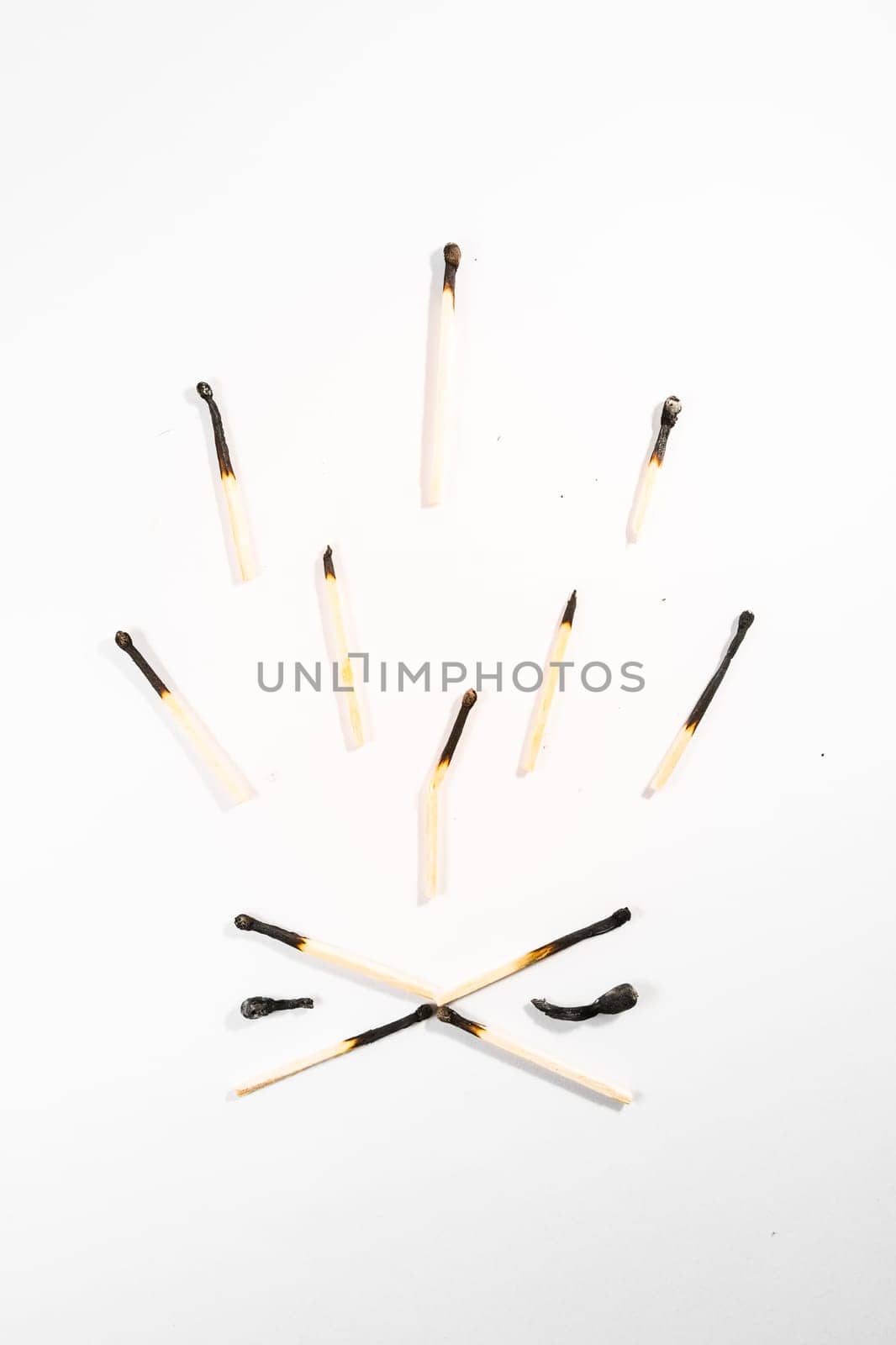 Match Stick Macro Detail Fire Symbol Safety White Isolated Background Charred Used Burned Burnt Black Wood Row Single Campfire
