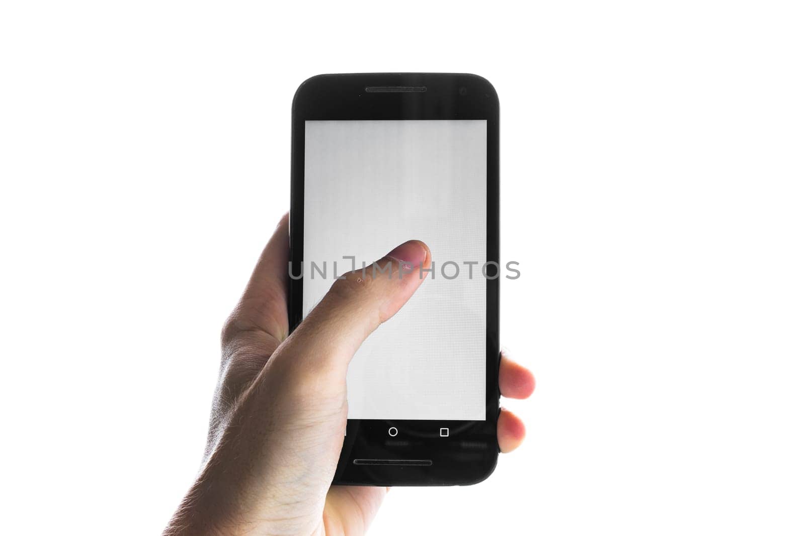 Hand Using Blank White Screen Cell Phone Press Finger Isolated