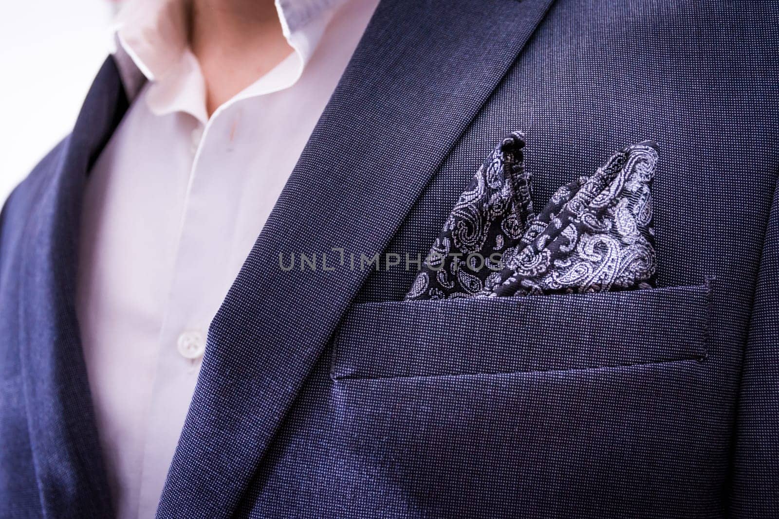 Man Wearing Suit Closeup Handkerchief Pocket Paisley Texture Tuxedo Professional Fashion Wear Blazer Jacket Chest