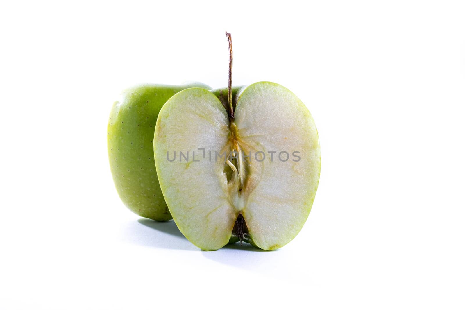 Green Granny Smith Apple Cross Section Slice Halves Fresh Fruit Closeup White Isolated Background