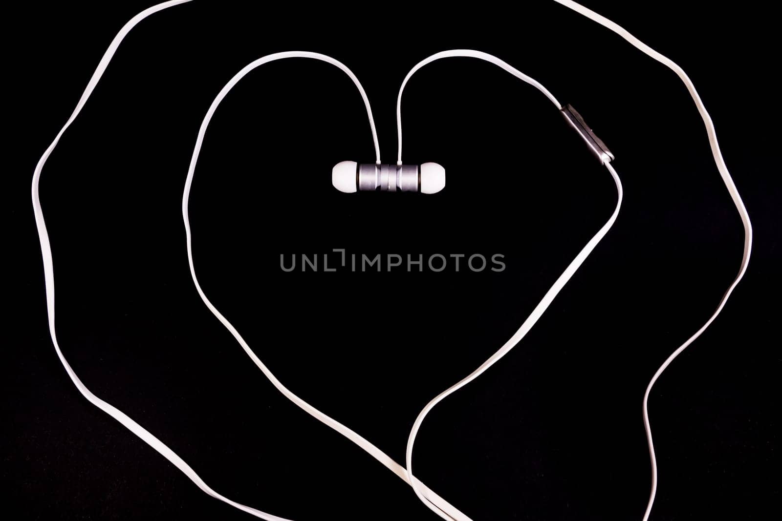Headphones Earphones White Heart Shape Symbol Metaphor Love Music Black Background Accessory Wire