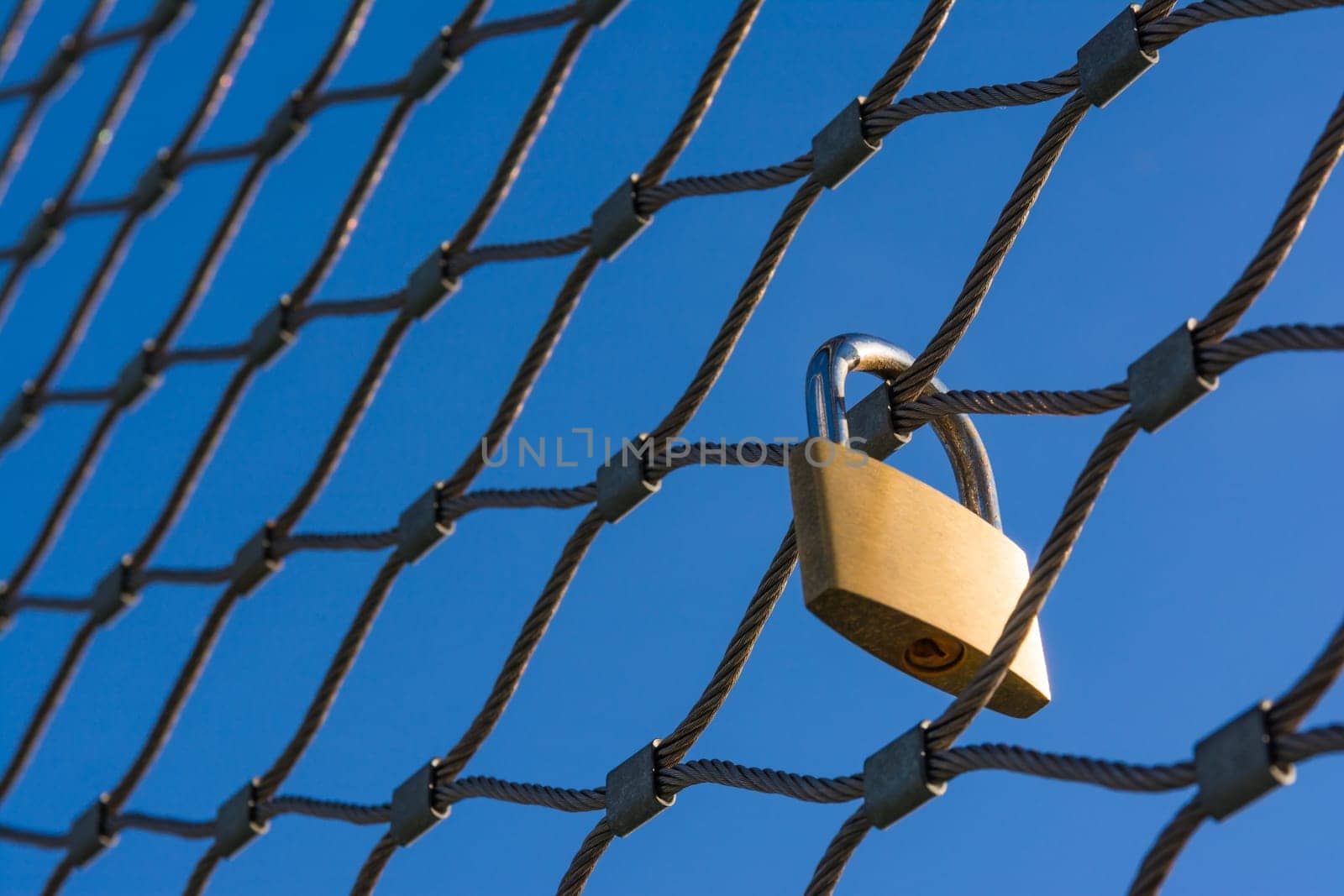 Love Lock Golden Padlock Hanging Tourist Travel Tourism Tradition Trend Strength Metal Fence Blue Sky Location Destination High Altitude