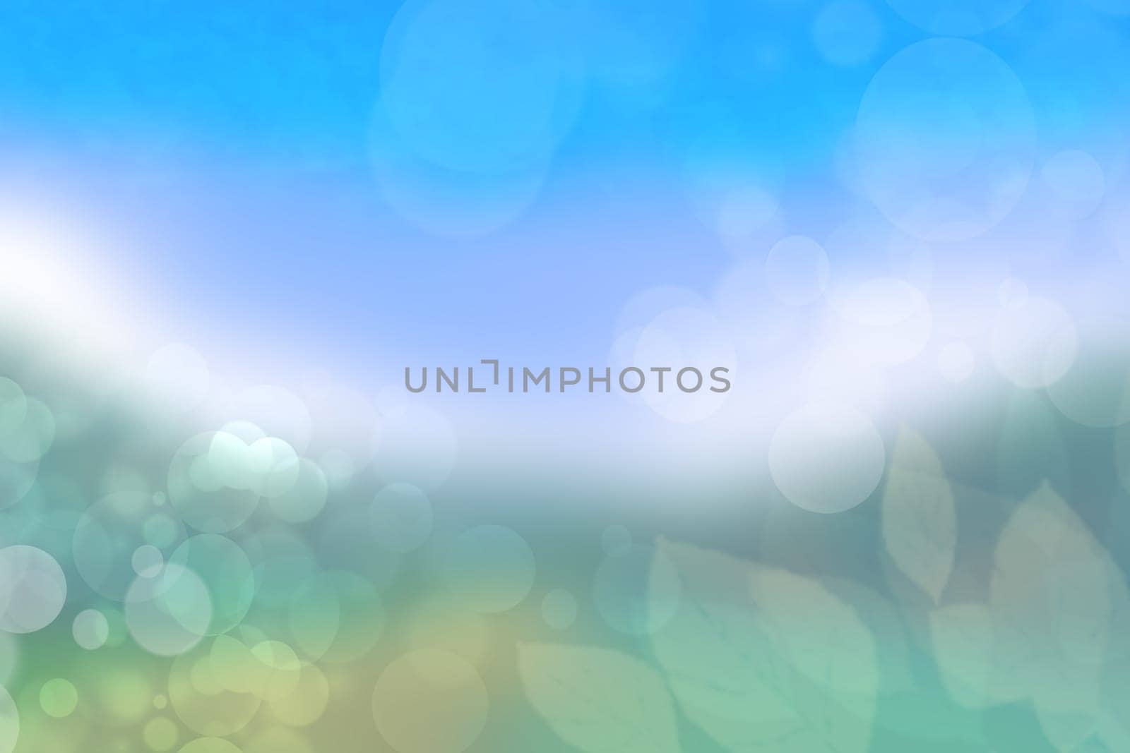 Abstract autumn or bright summer landscape texture with leaves and blue bright sky. Autumn or summer background with copy space.