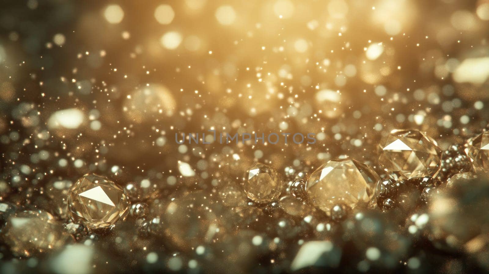 Golden crystals and sparkling gems are scattered across a surface, reflecting light and creating a warm, enchanting atmosphere filled with shimmering particles.